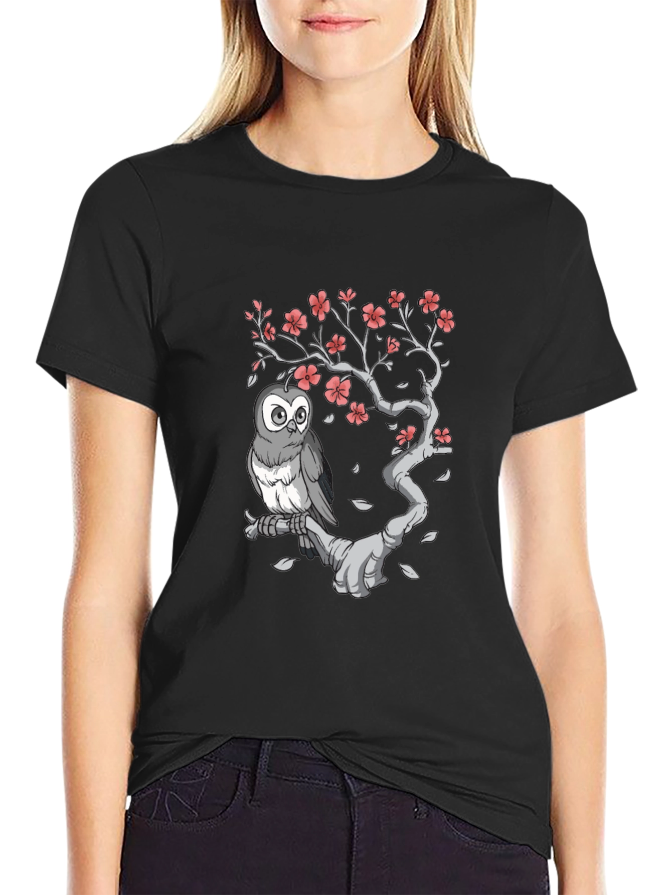 Owl on Branch Graphic Tee - Black