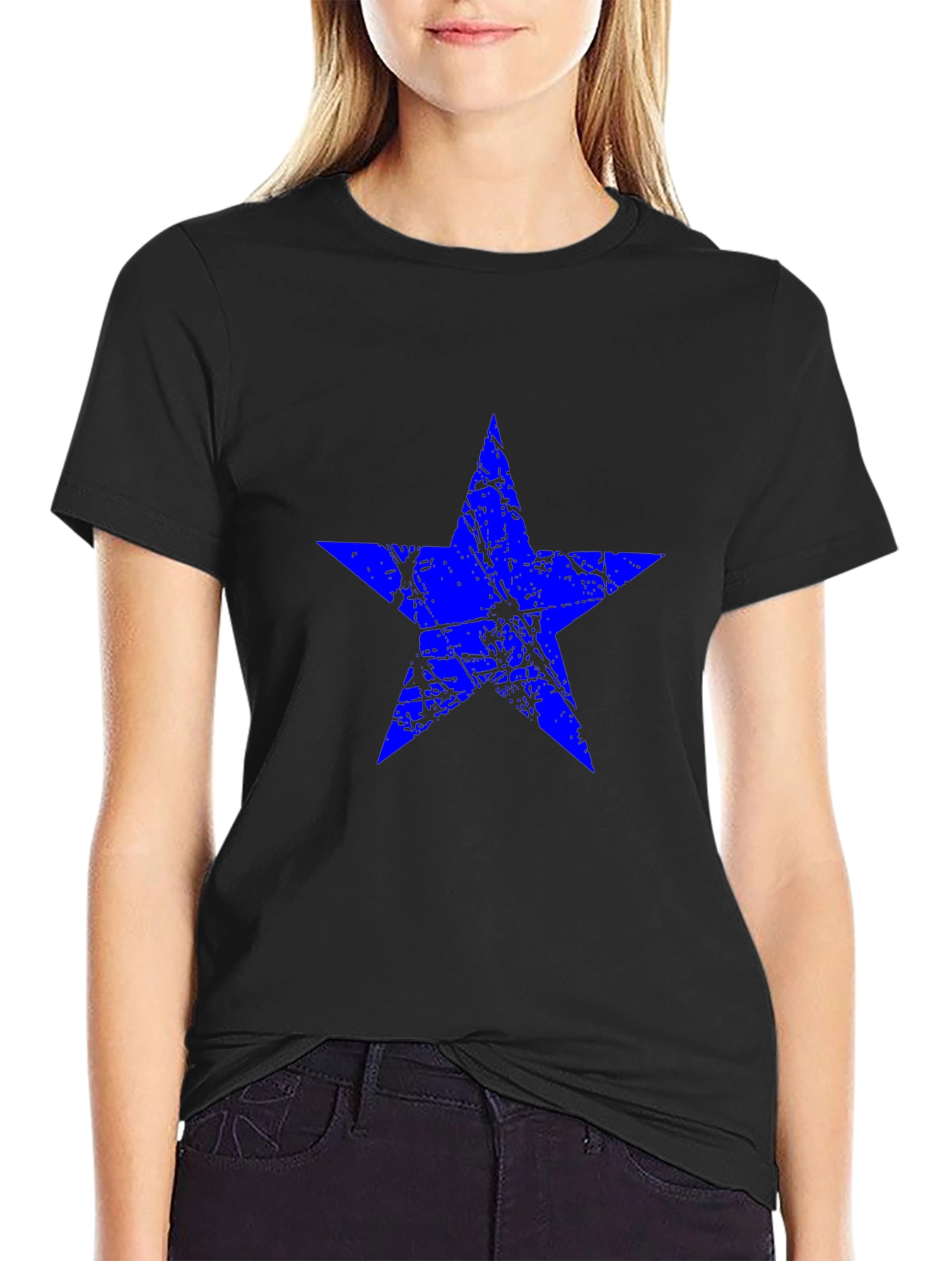 Blue Star Graphic Print Black T-Shirt