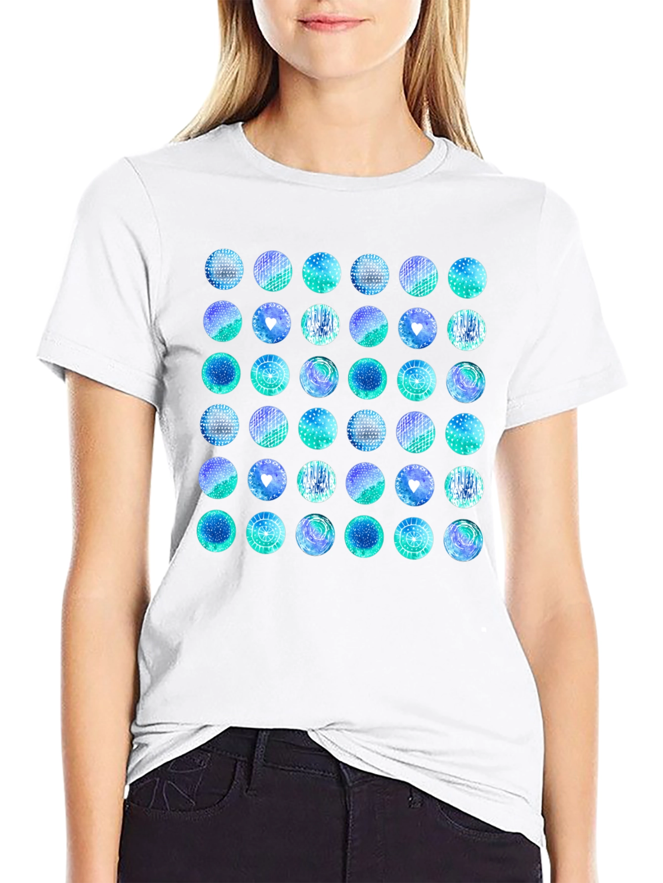 Abstract Teal Circle Pattern Black T-Shirt
