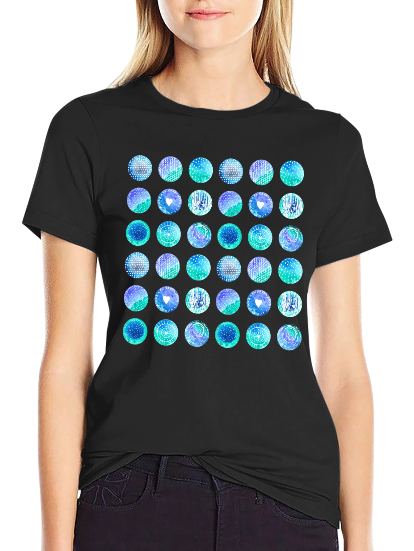 Abstract Teal Circle Pattern Black T-Shirt