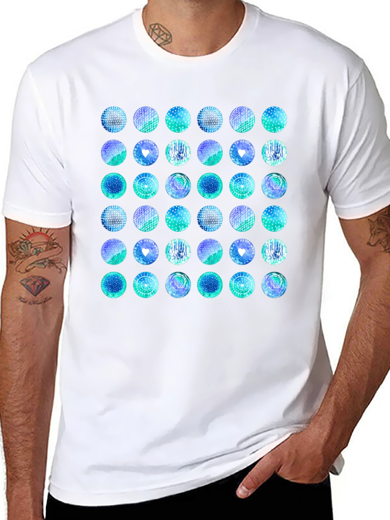 Abstract Teal Circle Pattern Black T-Shirt