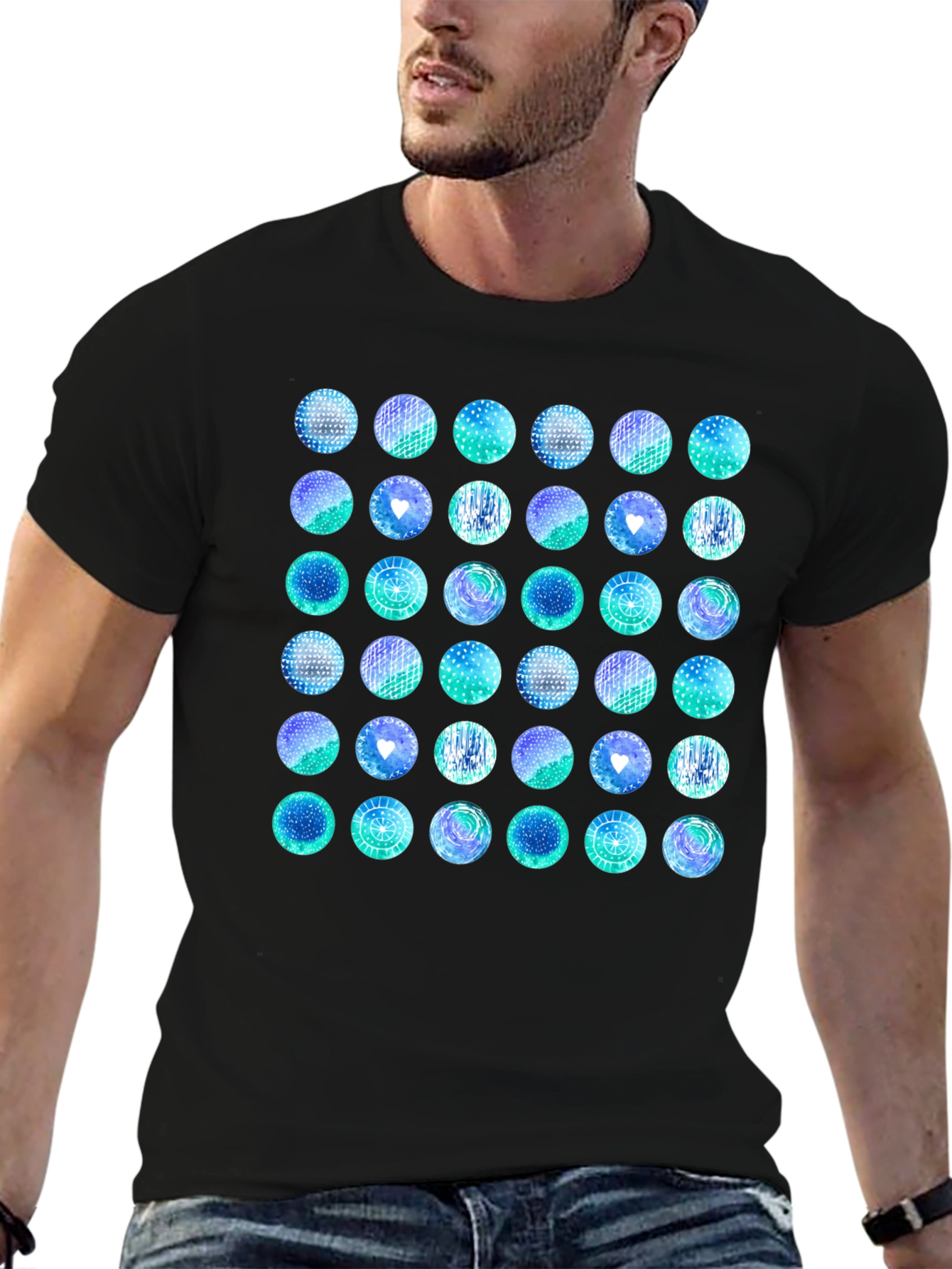 Abstract Teal Circle Pattern Black T-Shirt