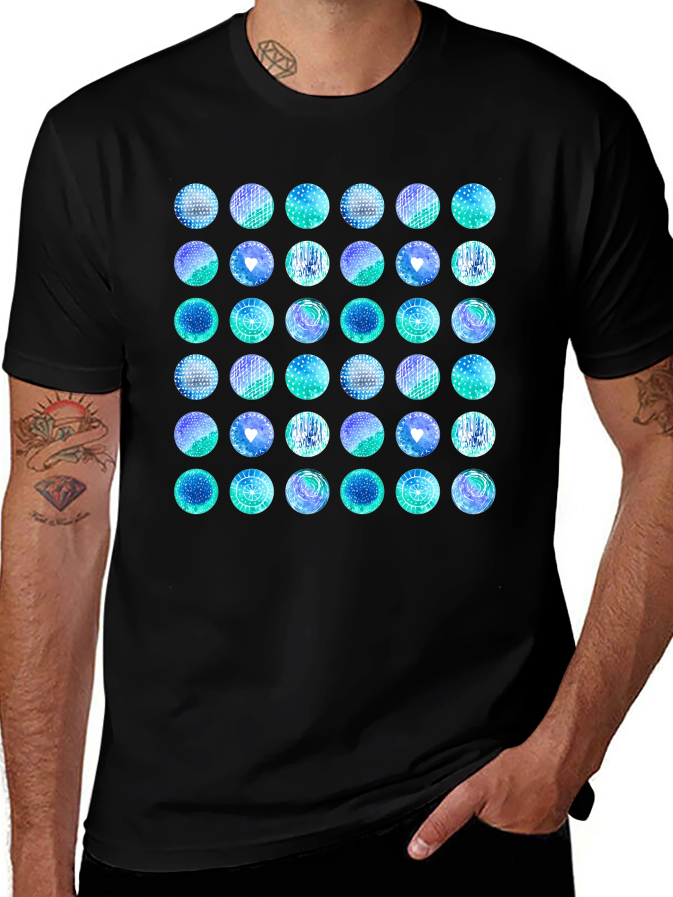 Abstract Teal Circle Pattern Black T-Shirt