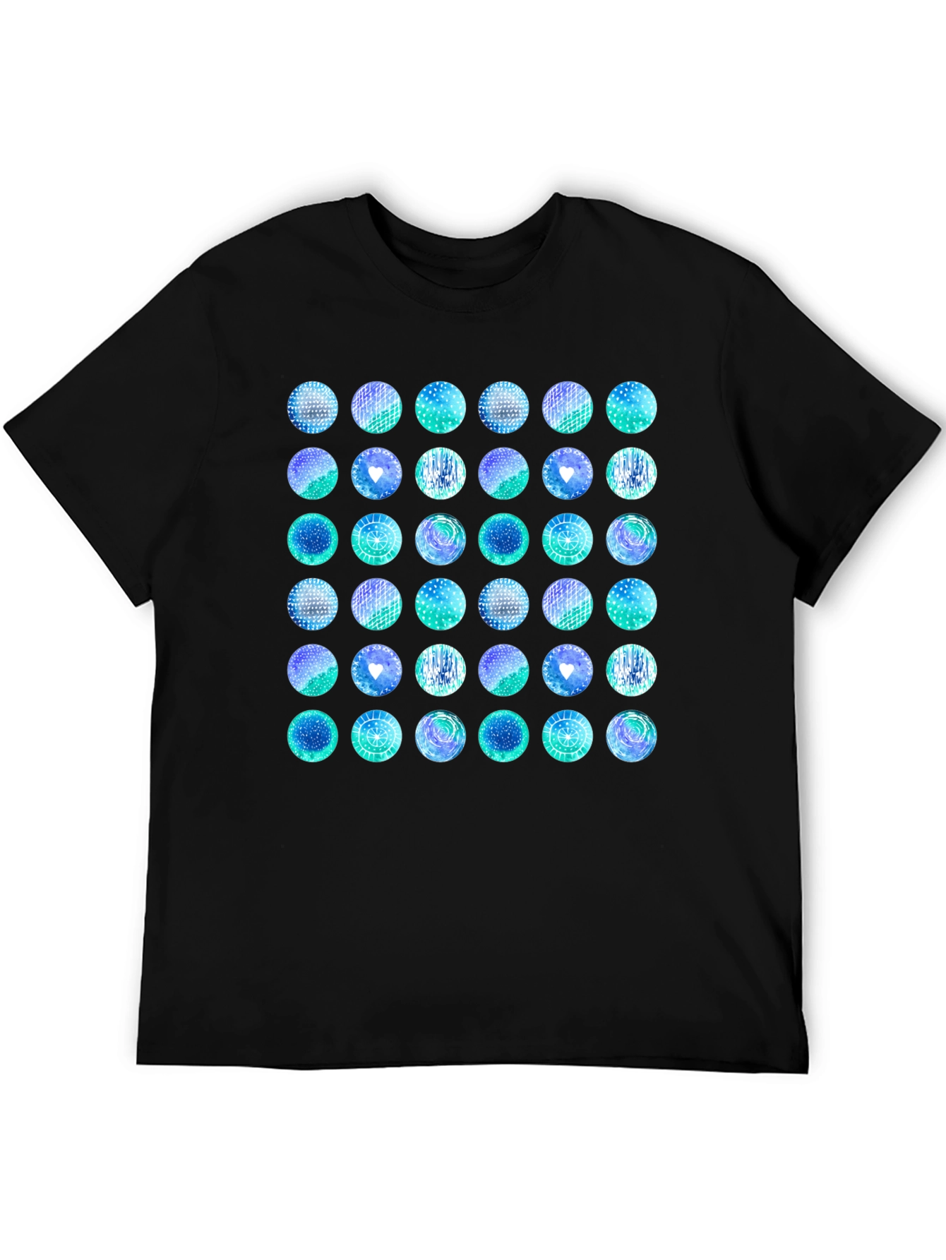 Abstract Teal Circle Pattern Black T-Shirt