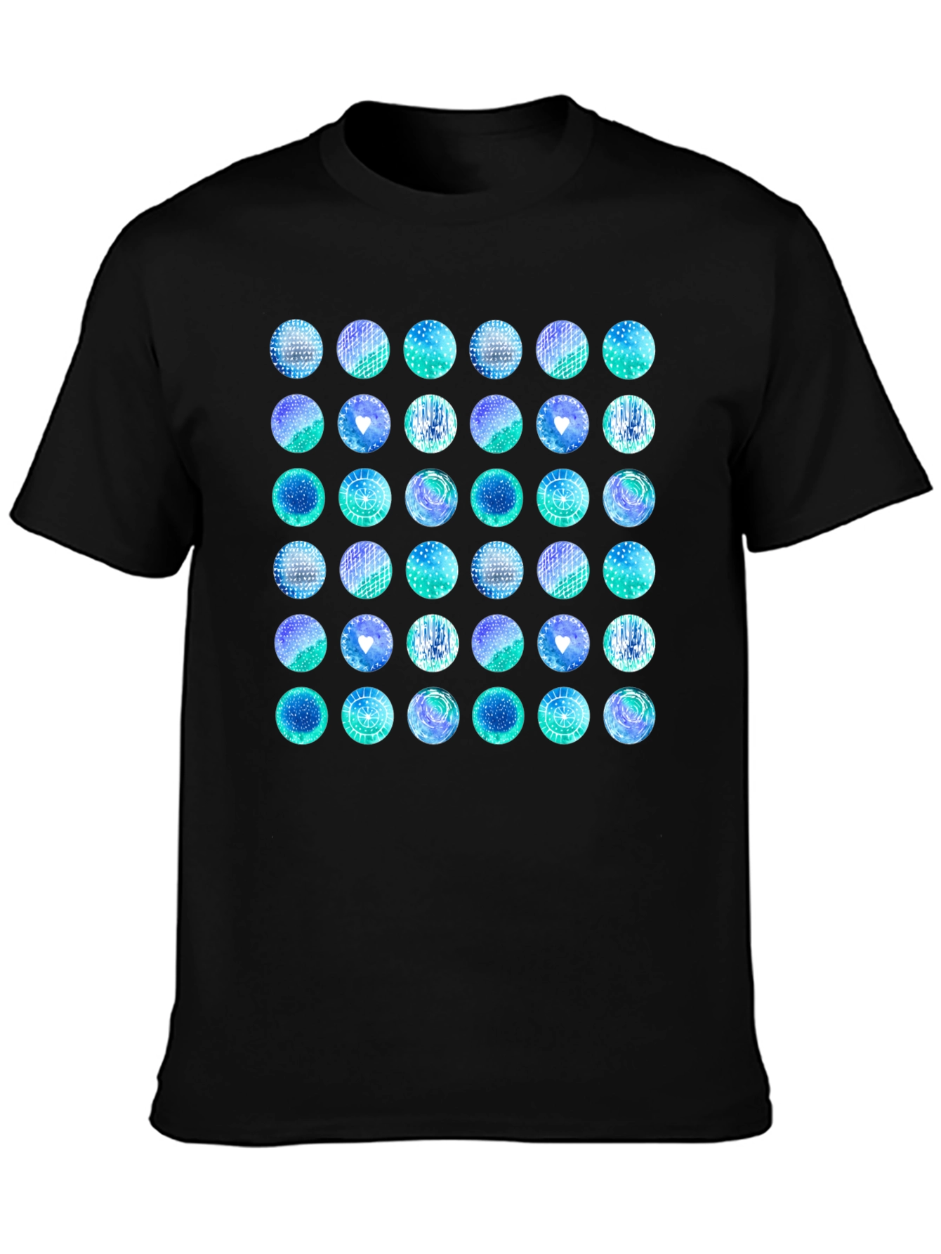 Abstract Teal Circle Pattern Black T-Shirt