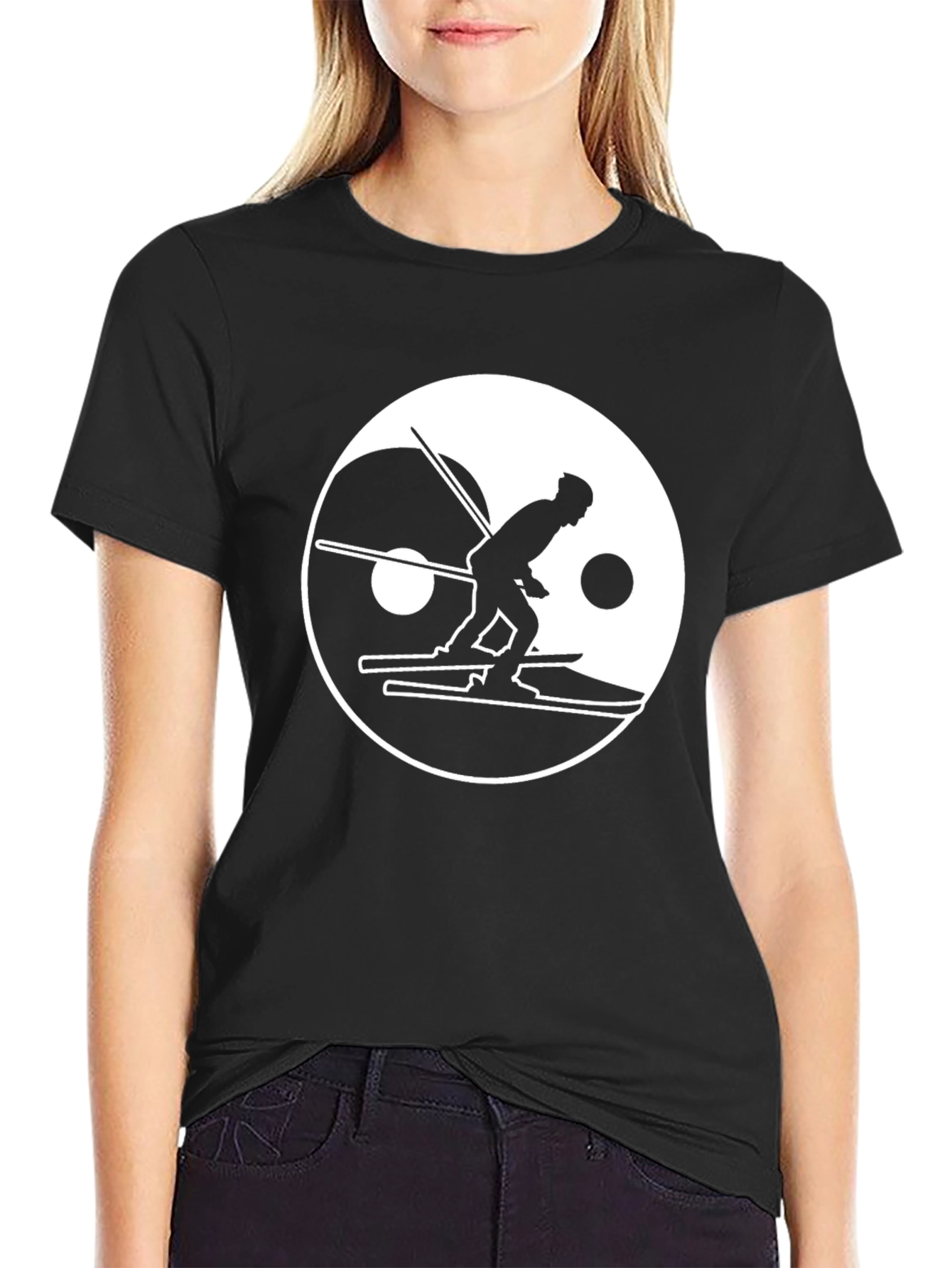 Yin Yang Skier Graphic Tee - Black Cotton Blend