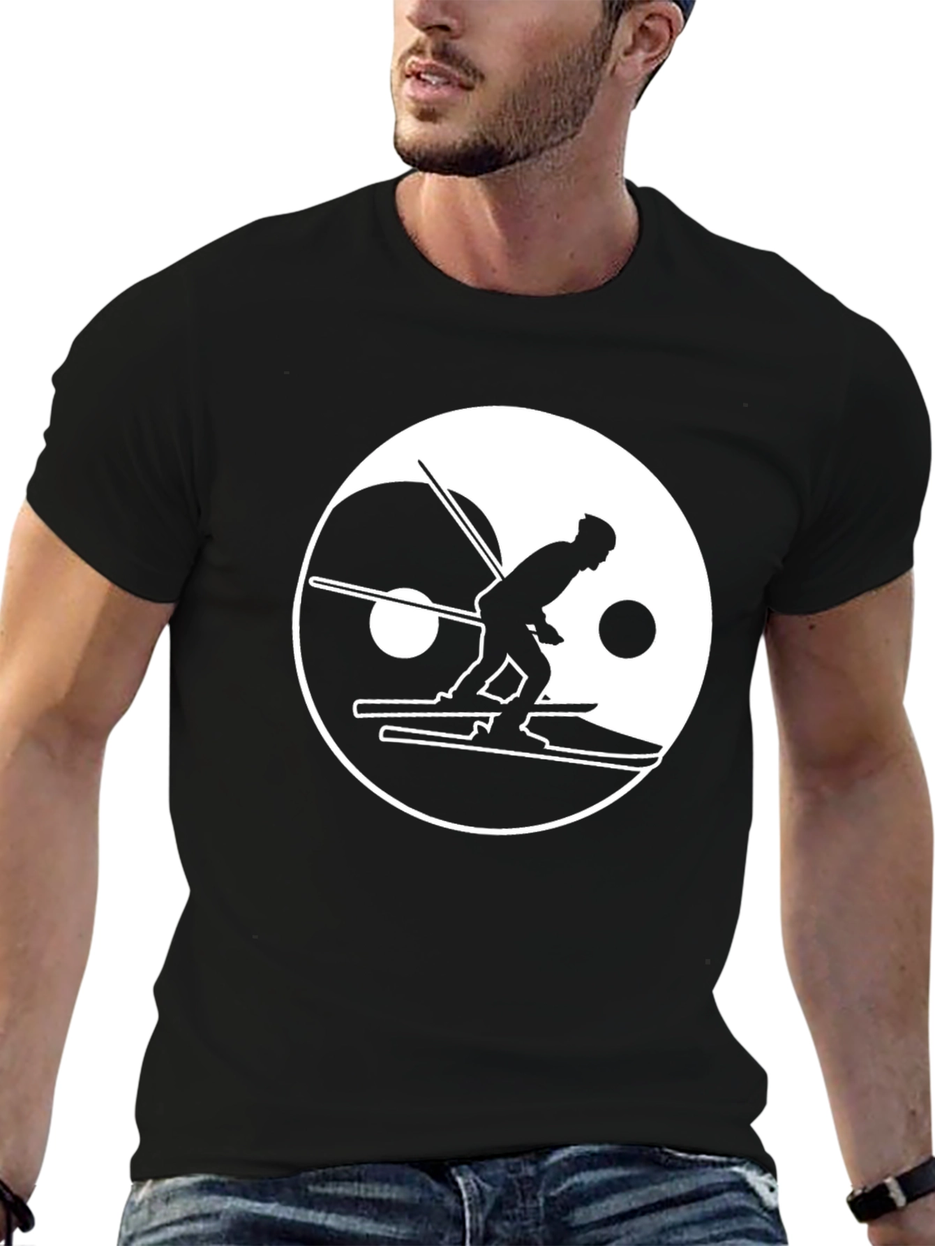 Yin Yang Skier Graphic Tee - Black Cotton Blend