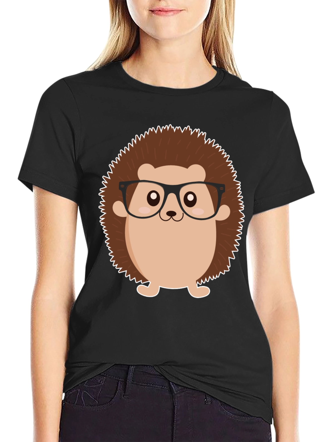 Black T-Shirt with Cartoon Hedgehog Graphic