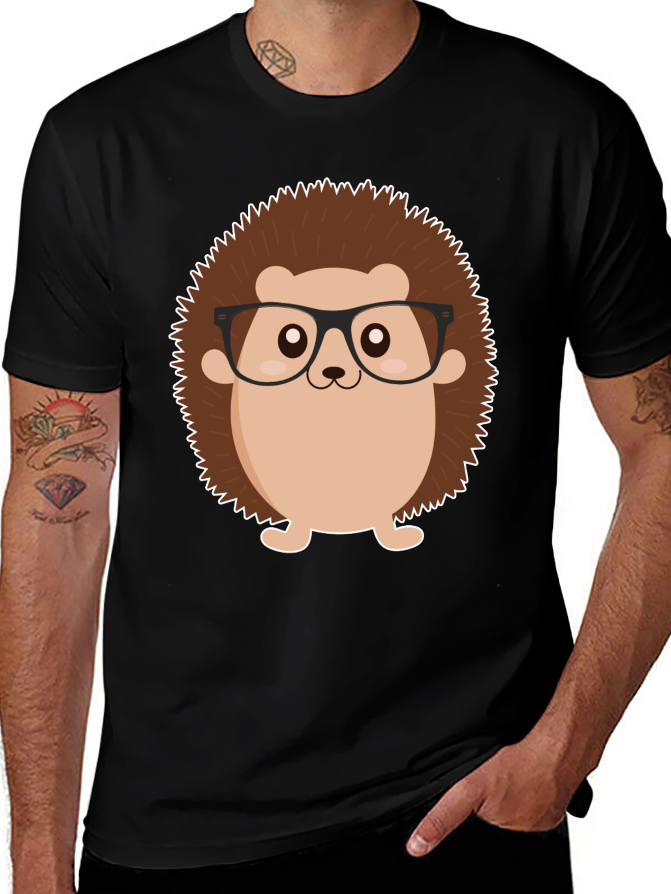 Black T-Shirt with Cartoon Hedgehog Graphic