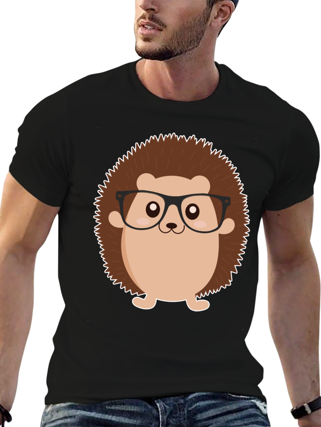 Black T-Shirt with Cartoon Hedgehog Graphic