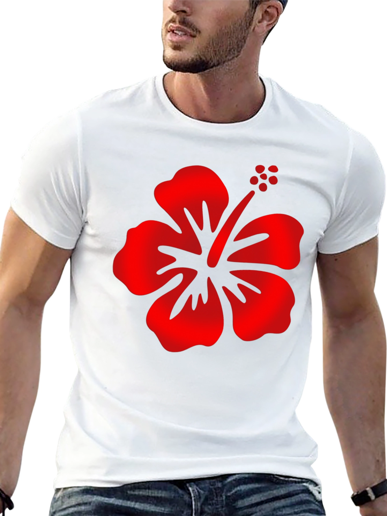 Mens Black T-Shirt with Red Hibiscus Flower