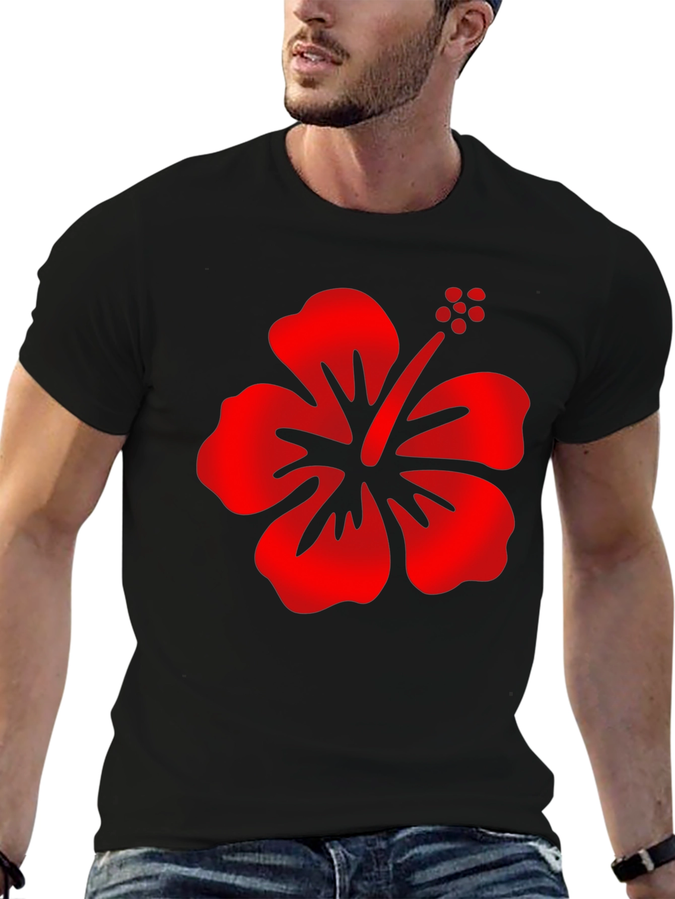Mens Black T-Shirt with Red Hibiscus Flower
