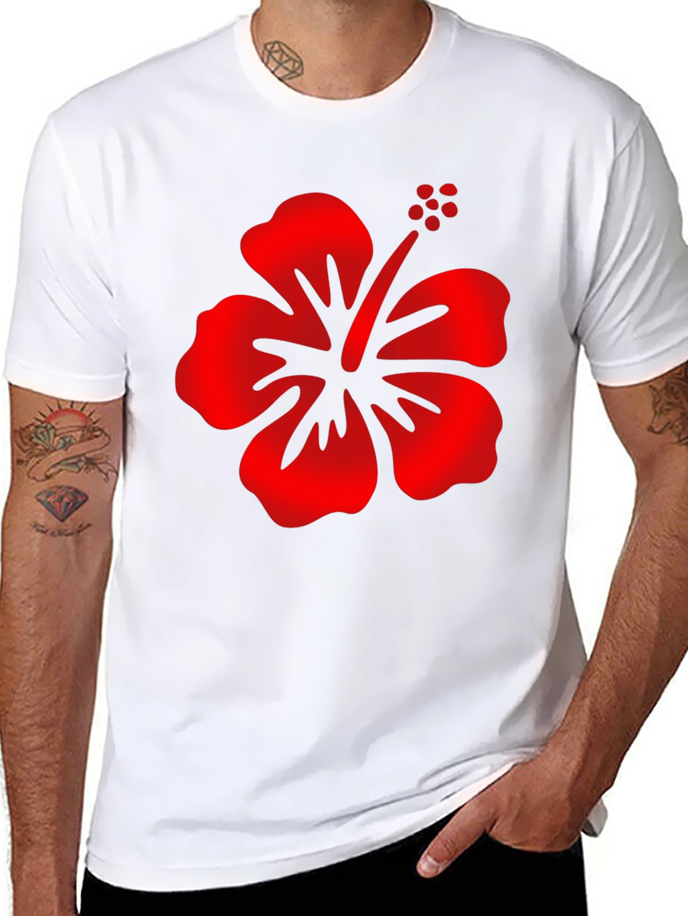 Mens Black T-Shirt with Red Hibiscus Flower