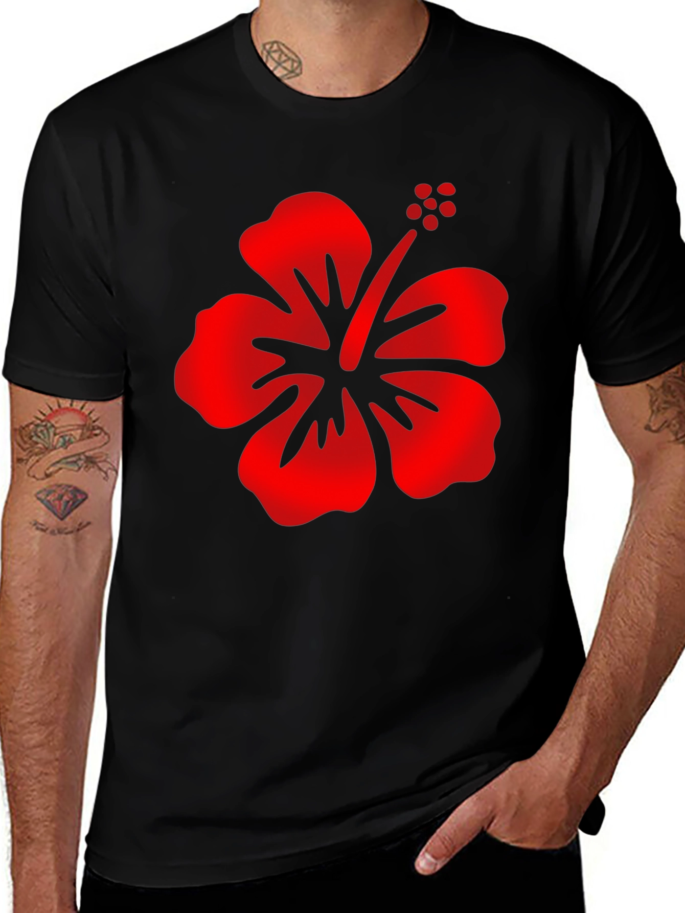 Mens Black T-Shirt with Red Hibiscus Flower