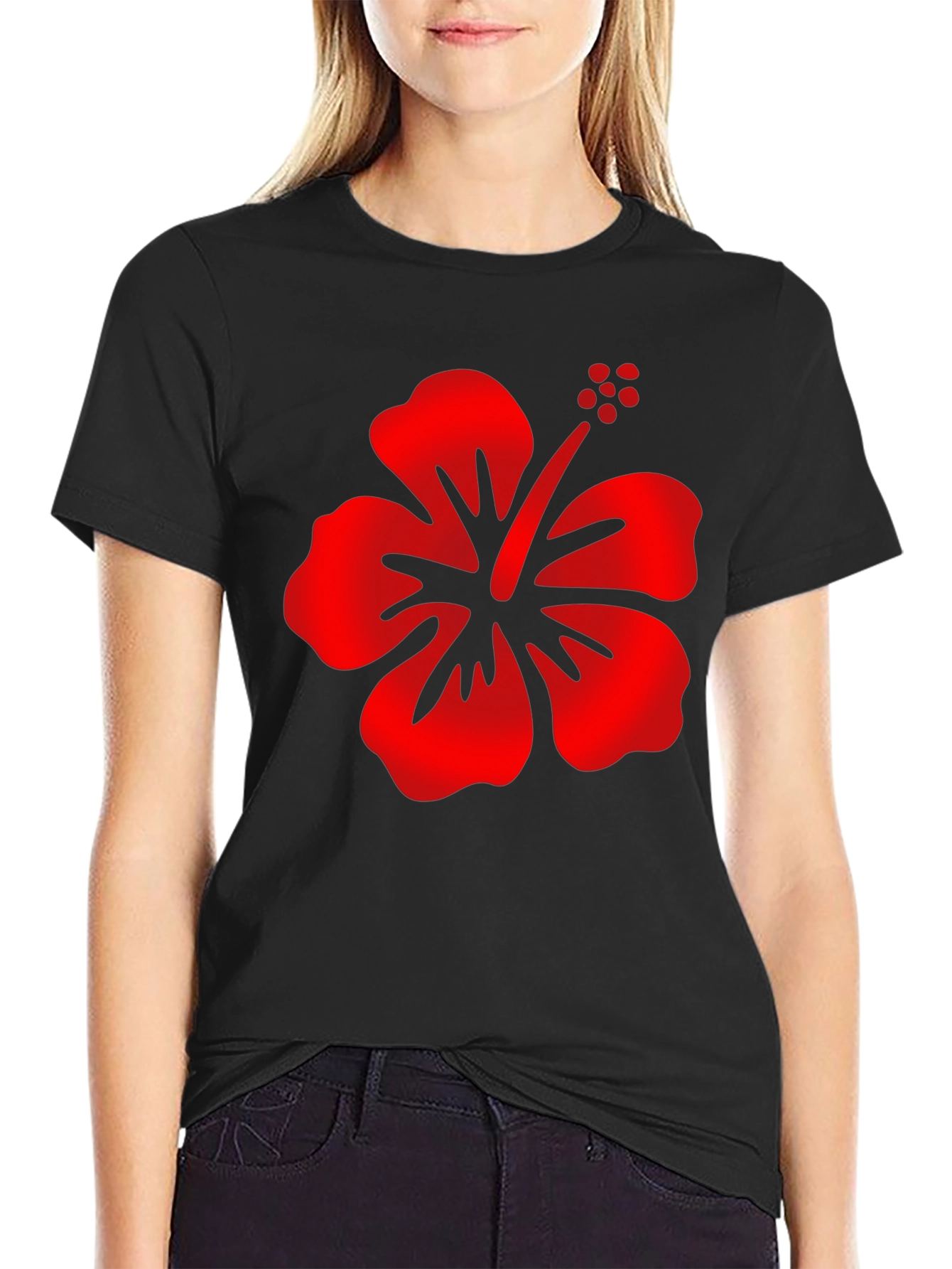 Mens Black T-Shirt with Red Hibiscus Flower