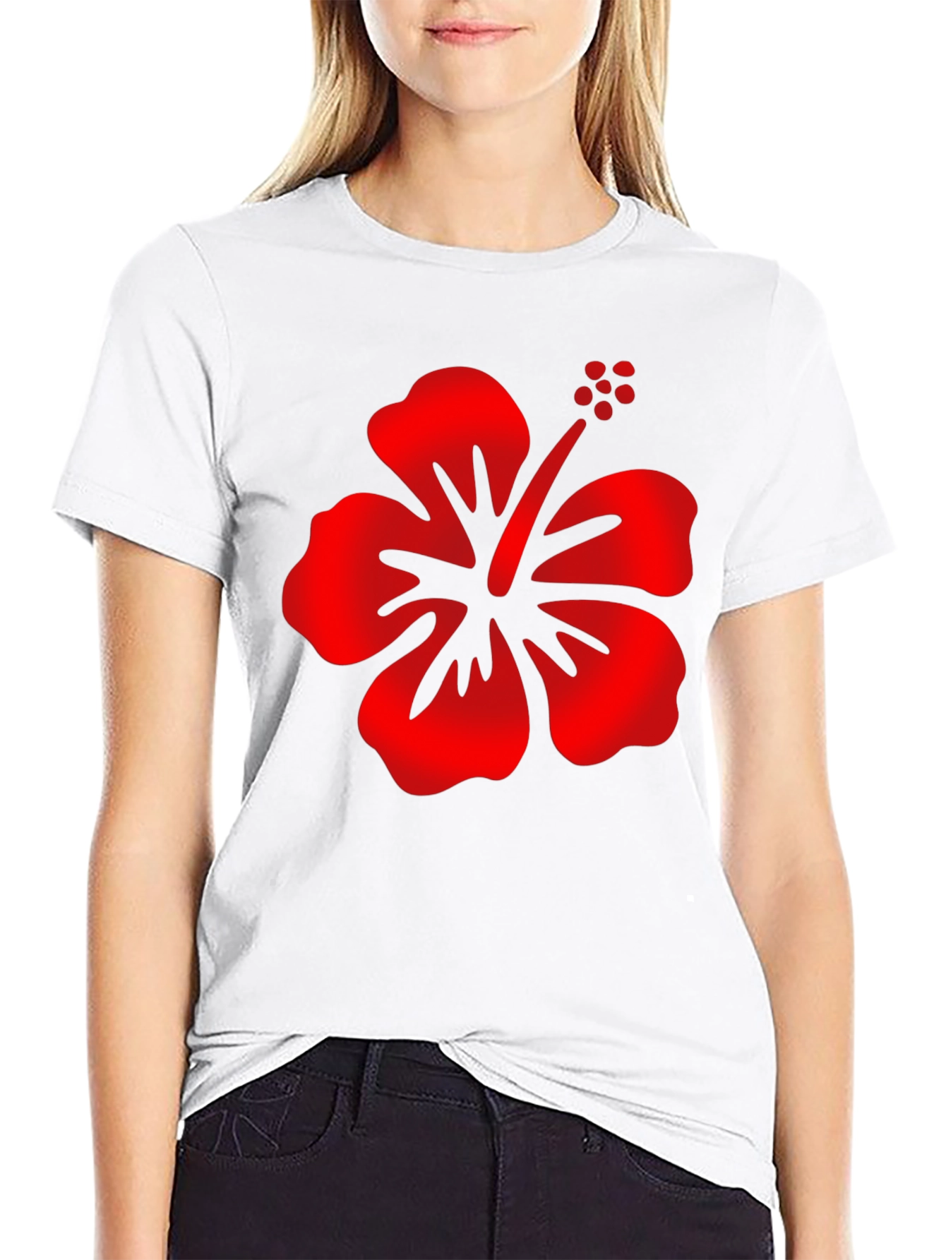 Mens Black T-Shirt with Red Hibiscus Flower