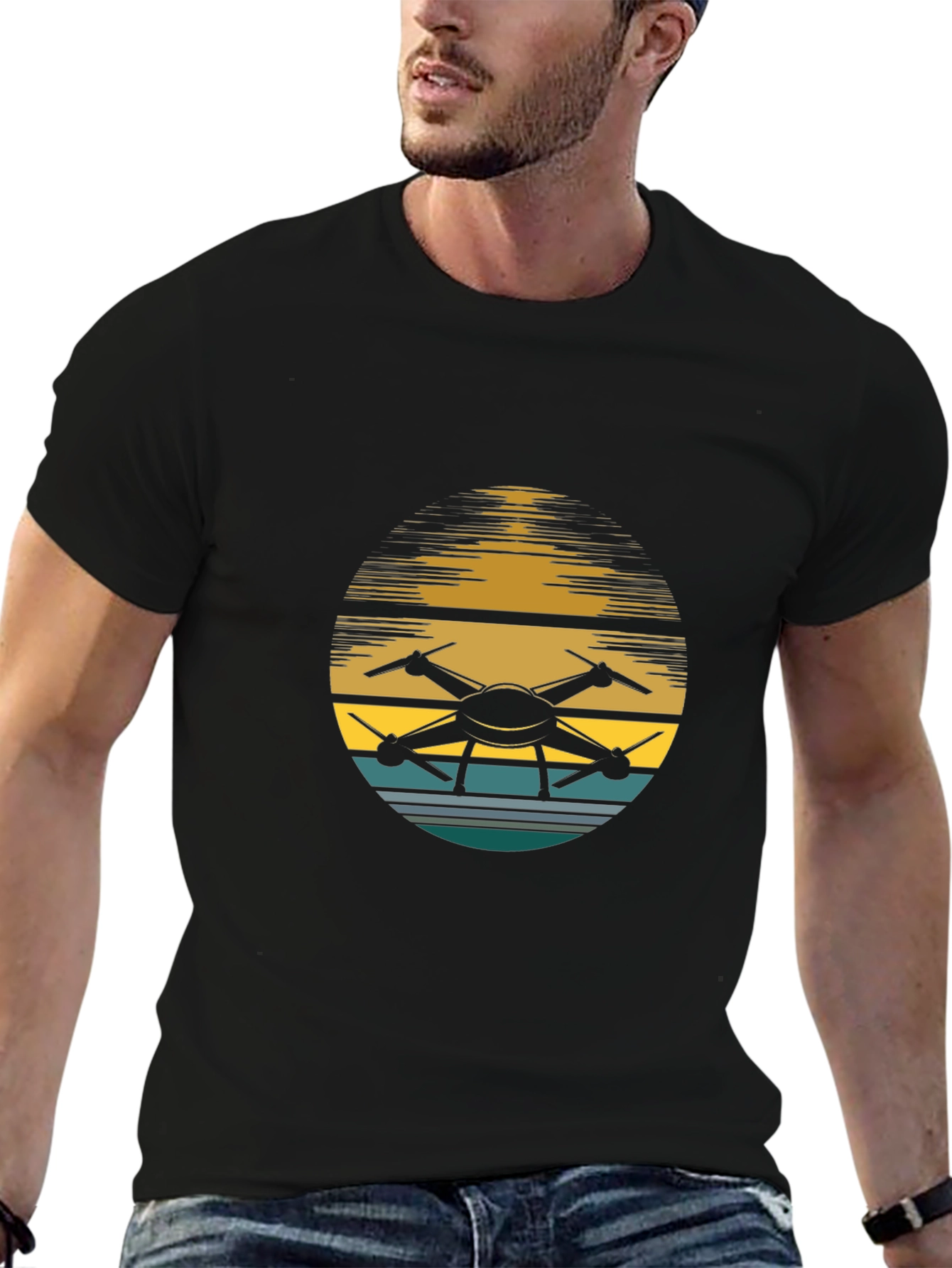 Drone Sunset Graphic Tee - Black Casual Shirt