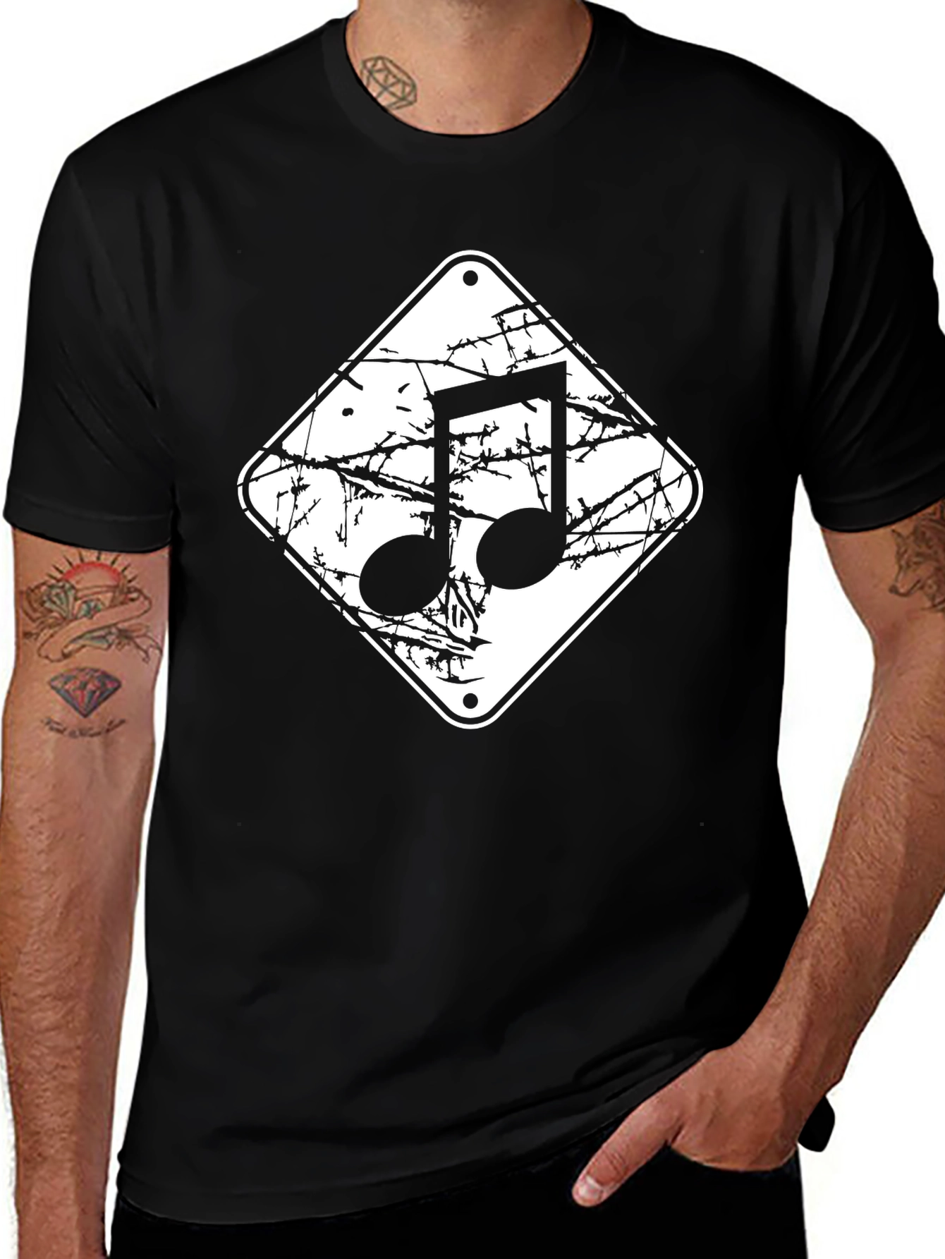Musical Note Black Graphic Tee - Distressed Style