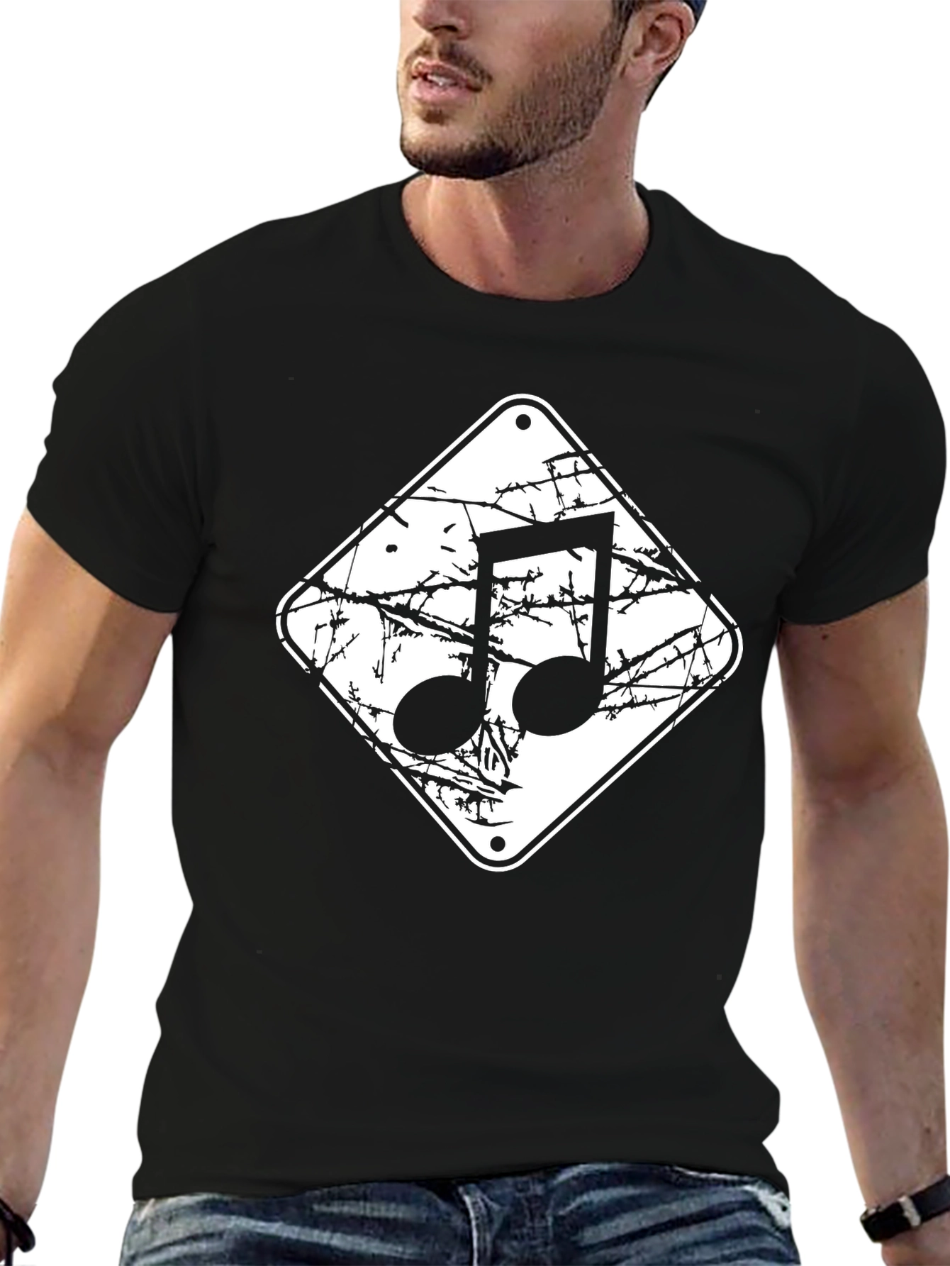 Musical Note Black Graphic Tee - Distressed Style
