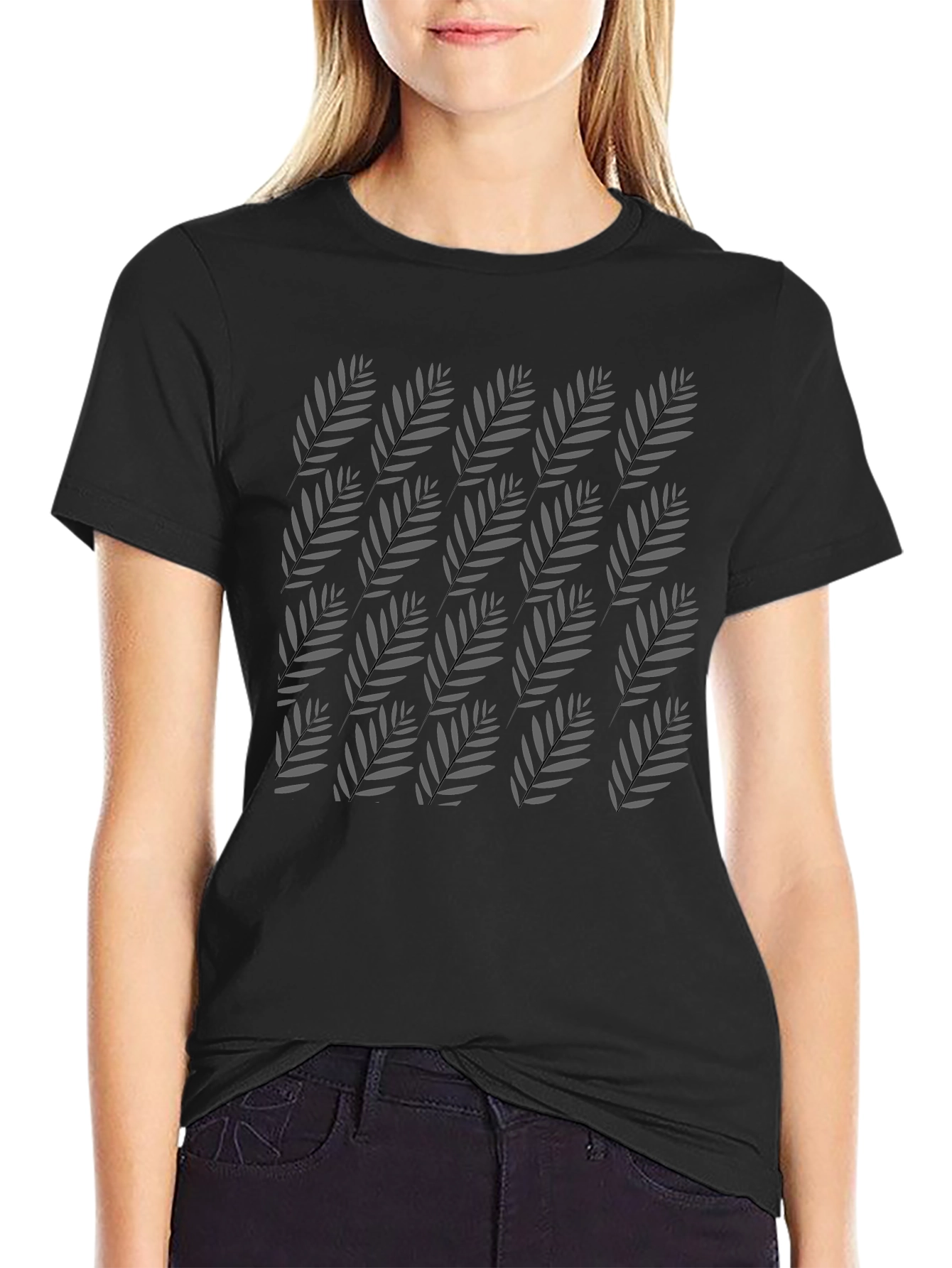 Tropical Leaf Pattern Black T-Shirt