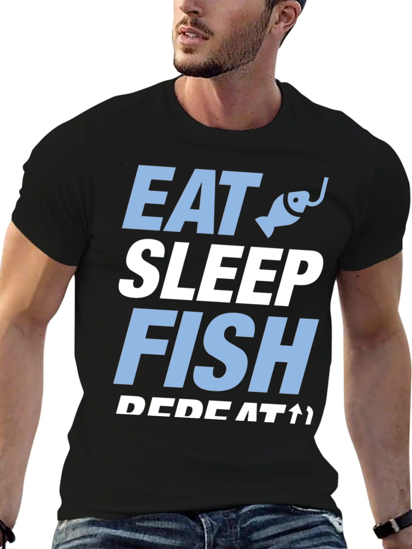 Eat Sleep Fish Repeat Black Graphic T-Shirt