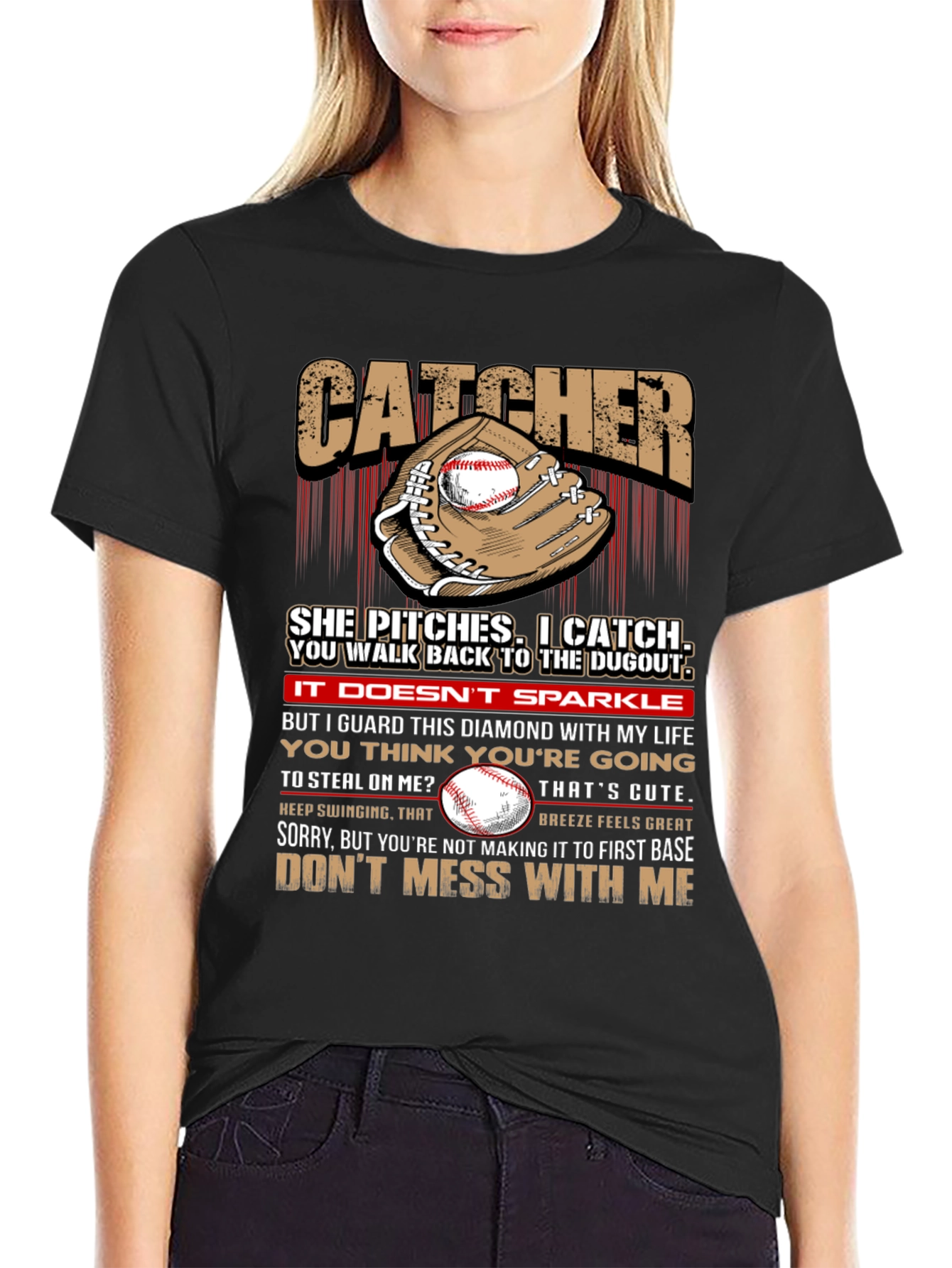 Catcher Baseball T-Shirt: She Pitches I Catch