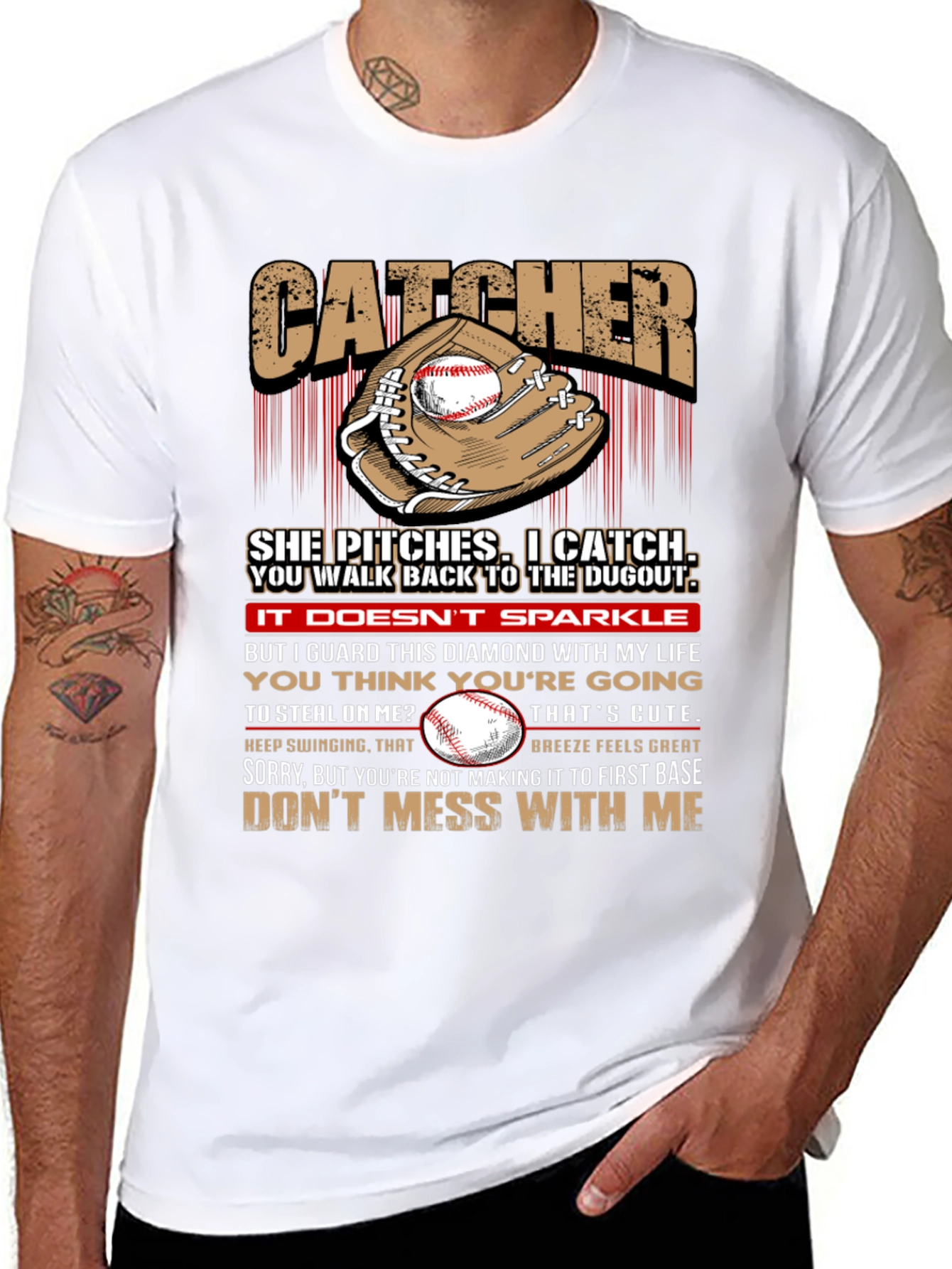 Catcher Baseball T-Shirt: She Pitches I Catch