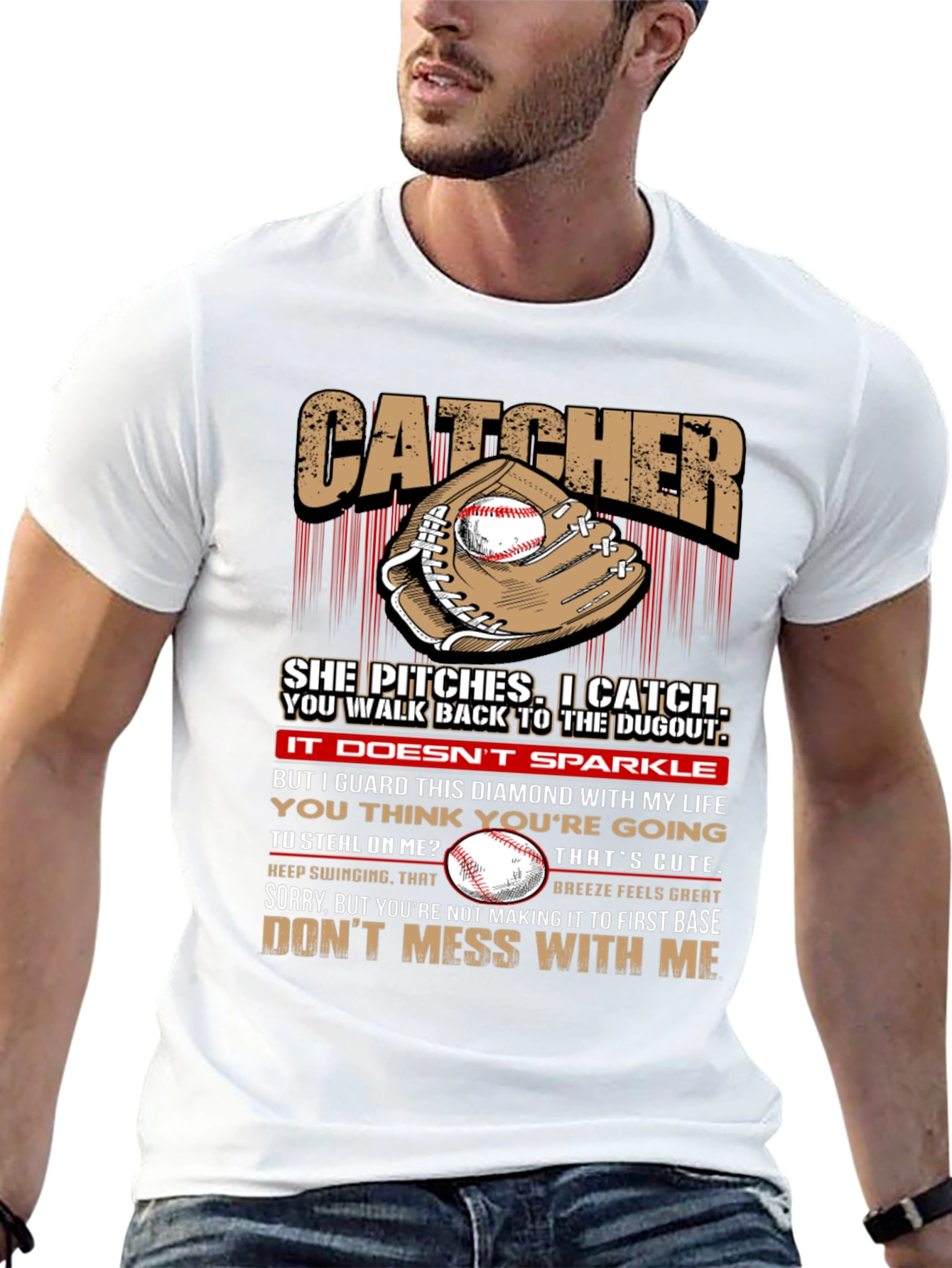 Catcher Baseball T-Shirt: She Pitches I Catch