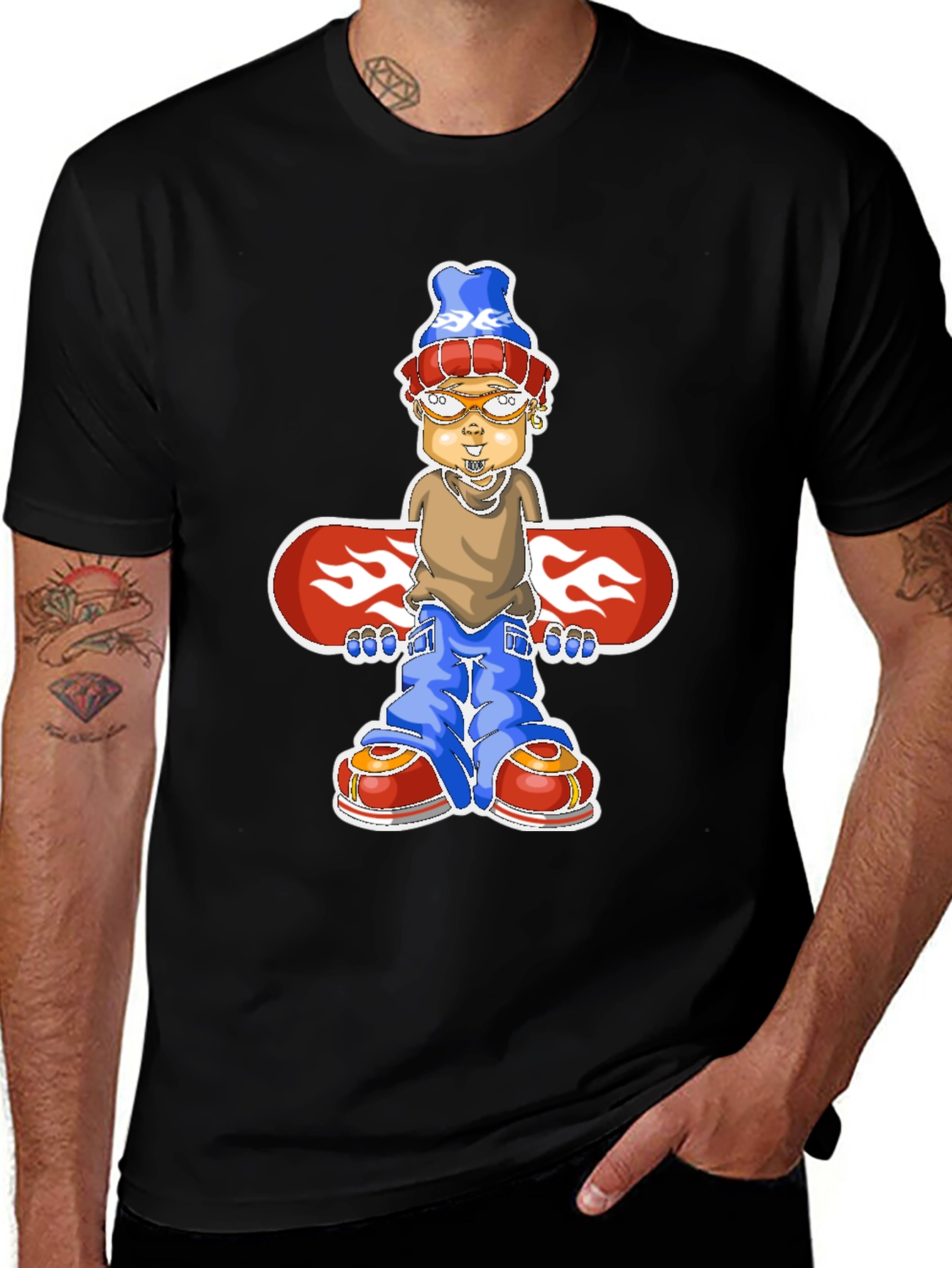 Cartoon Snowboarder Graphic T-Shirt - Black