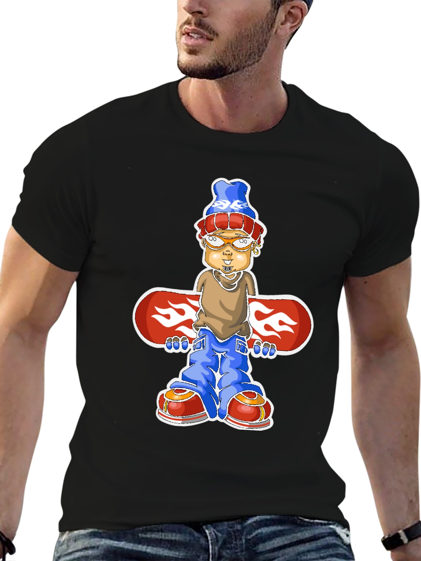 Cartoon Snowboarder Graphic T-Shirt - Black