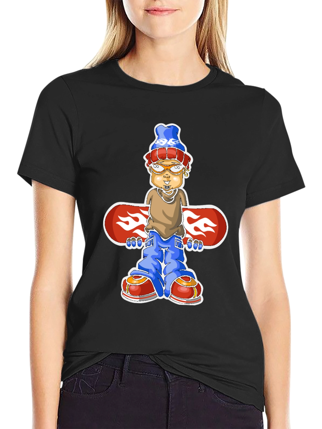 Cartoon Snowboarder Graphic T-Shirt - Black
