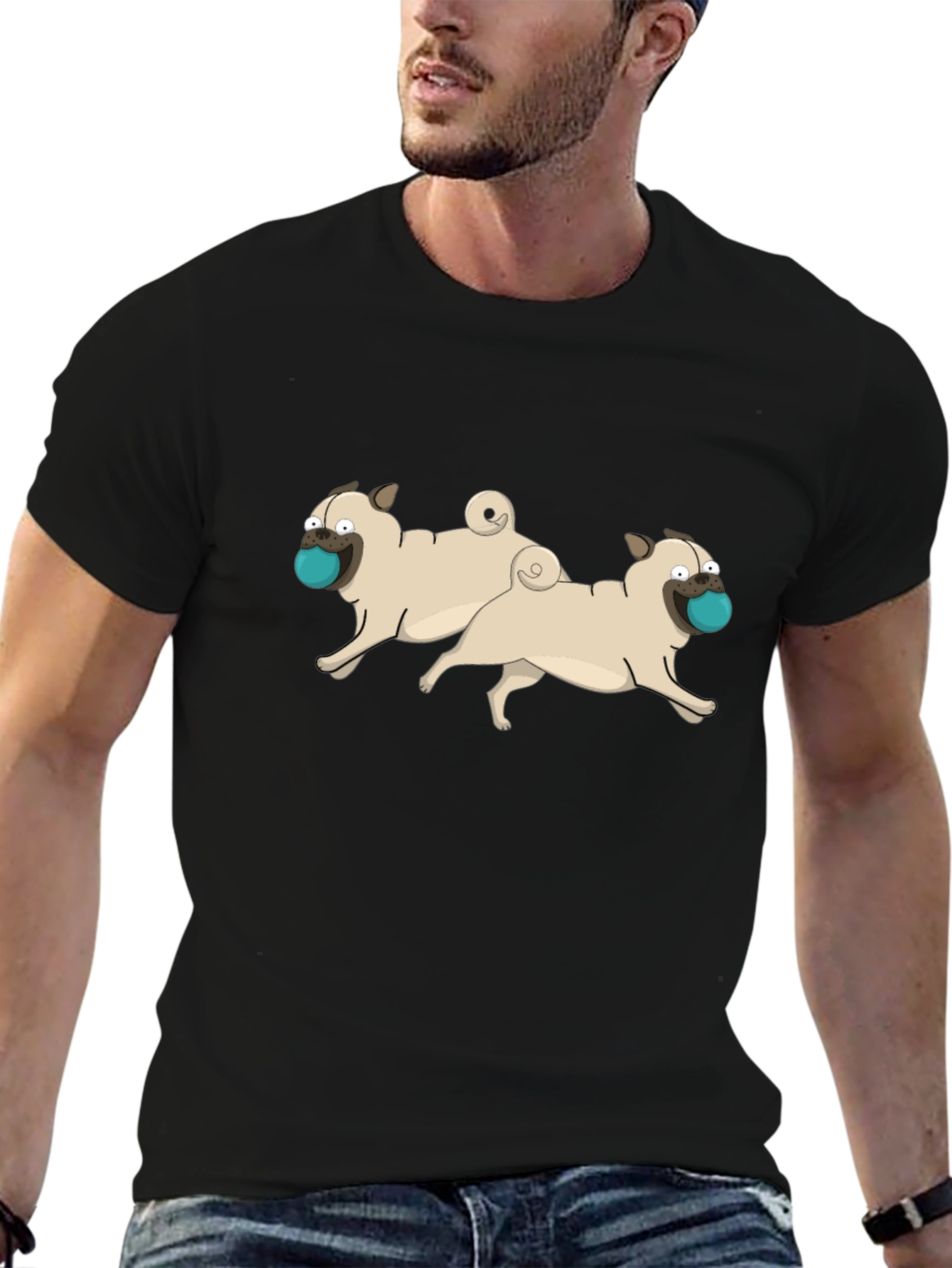 Cartoon Pug Dog Graphic Black T-Shirt