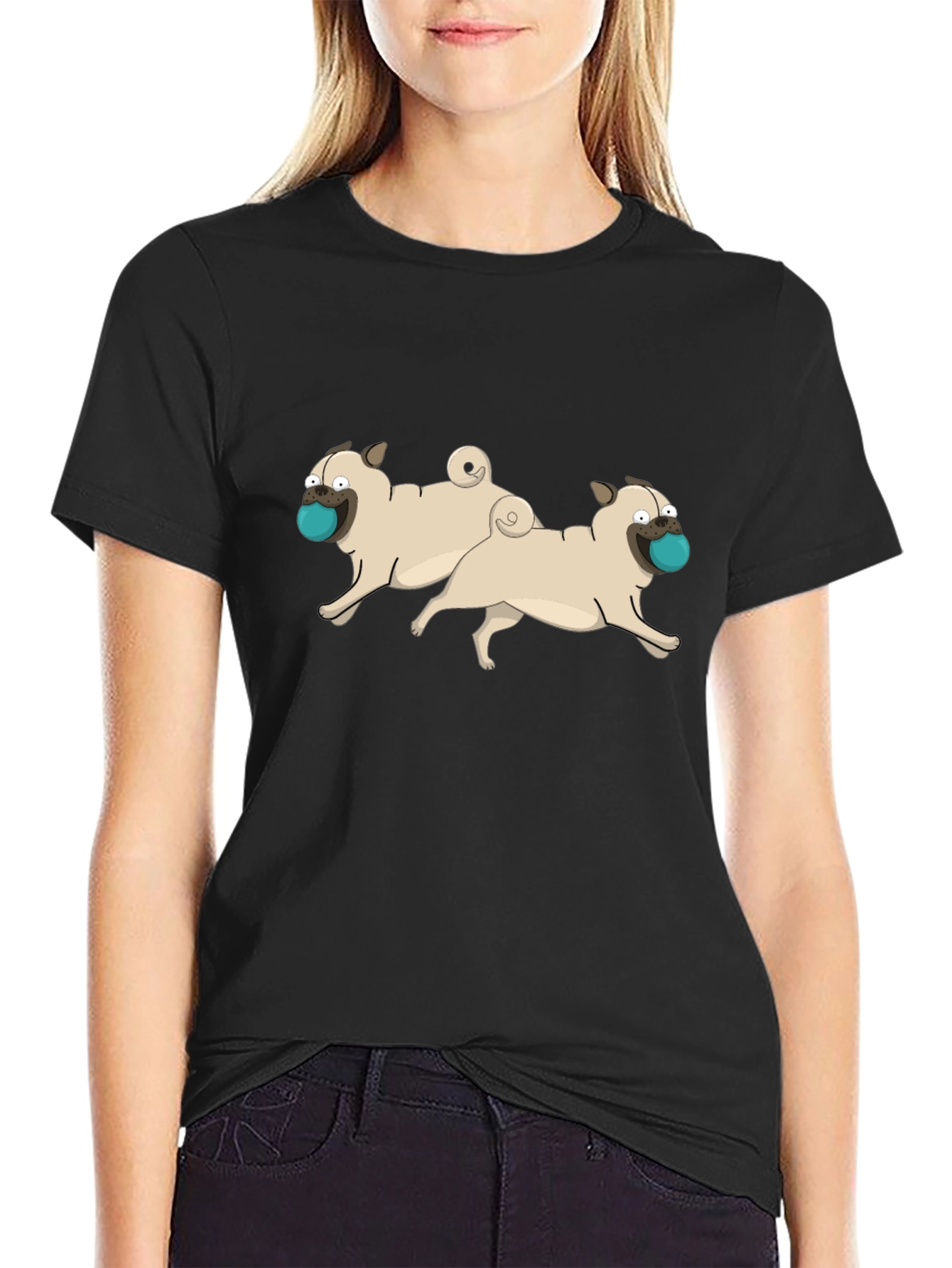 Cartoon Pug Dog Graphic Black T-Shirt