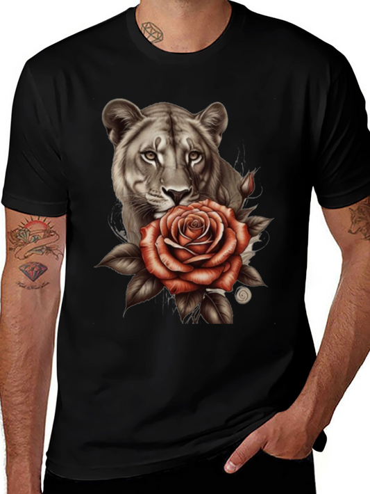 Lioness and Rose Graphic Print Black T-Shirt
