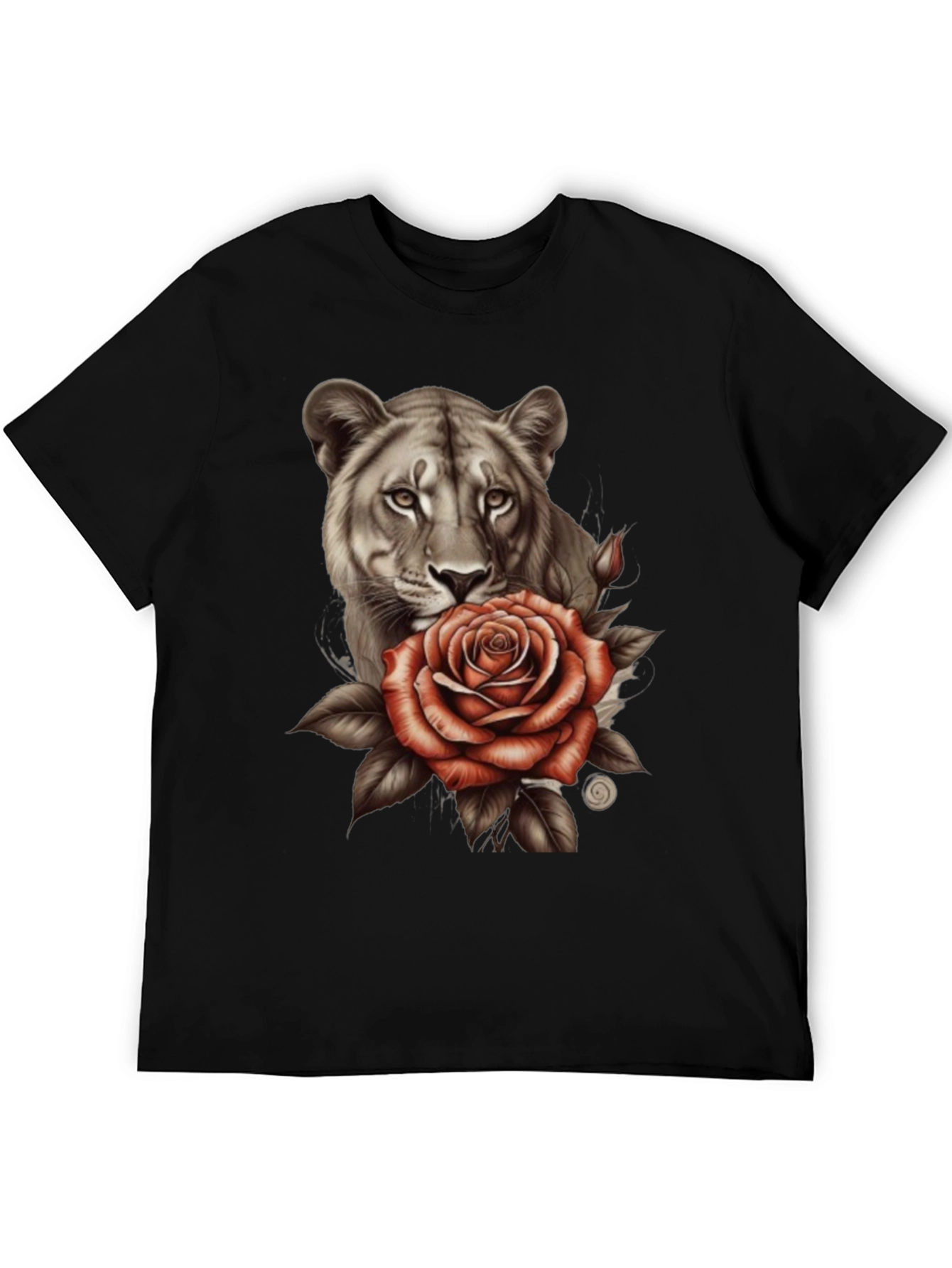 Lioness and Rose Graphic Print Black T-Shirt