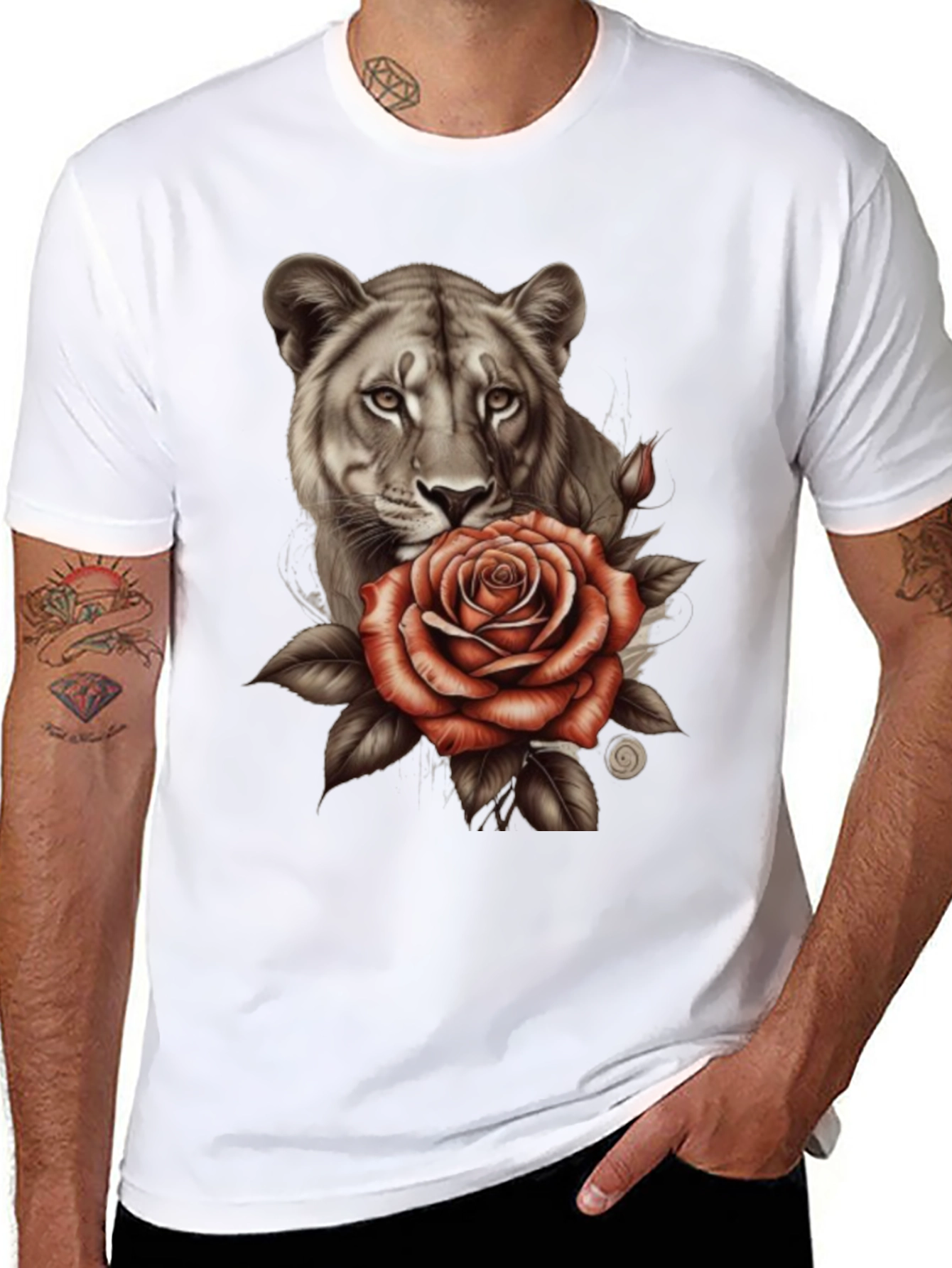 Lioness and Rose Graphic Print Black T-Shirt