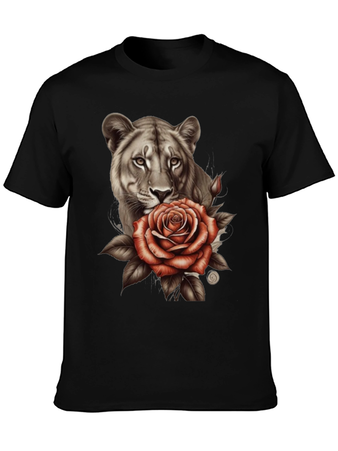 Lioness and Rose Graphic Print Black T-Shirt