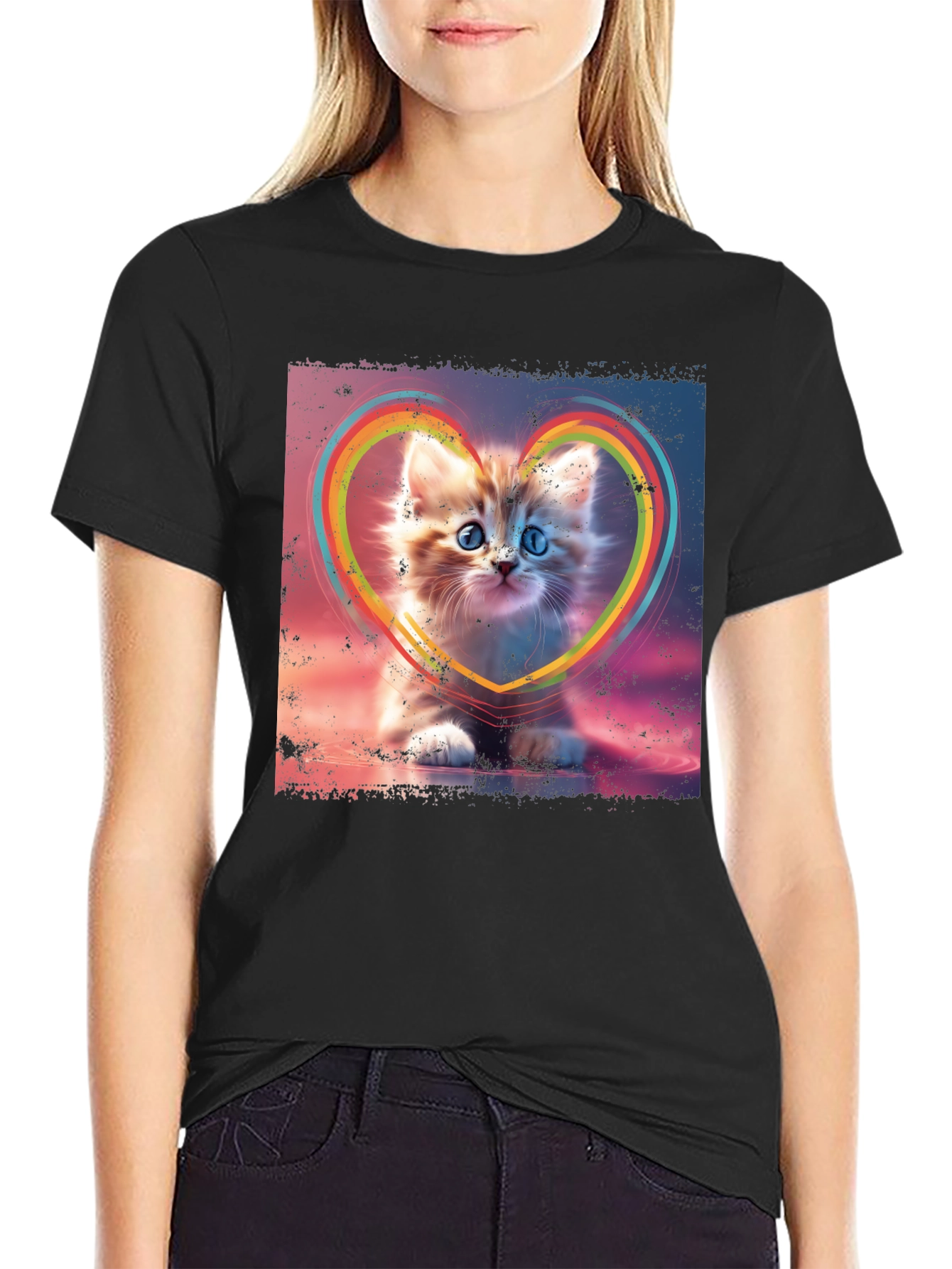 Cute Kitten Rainbow Heart T-Shirt