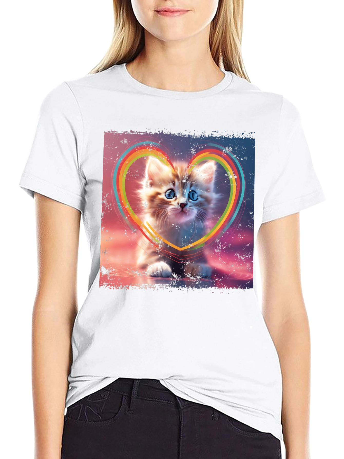 Cute Kitten Rainbow Heart T-Shirt