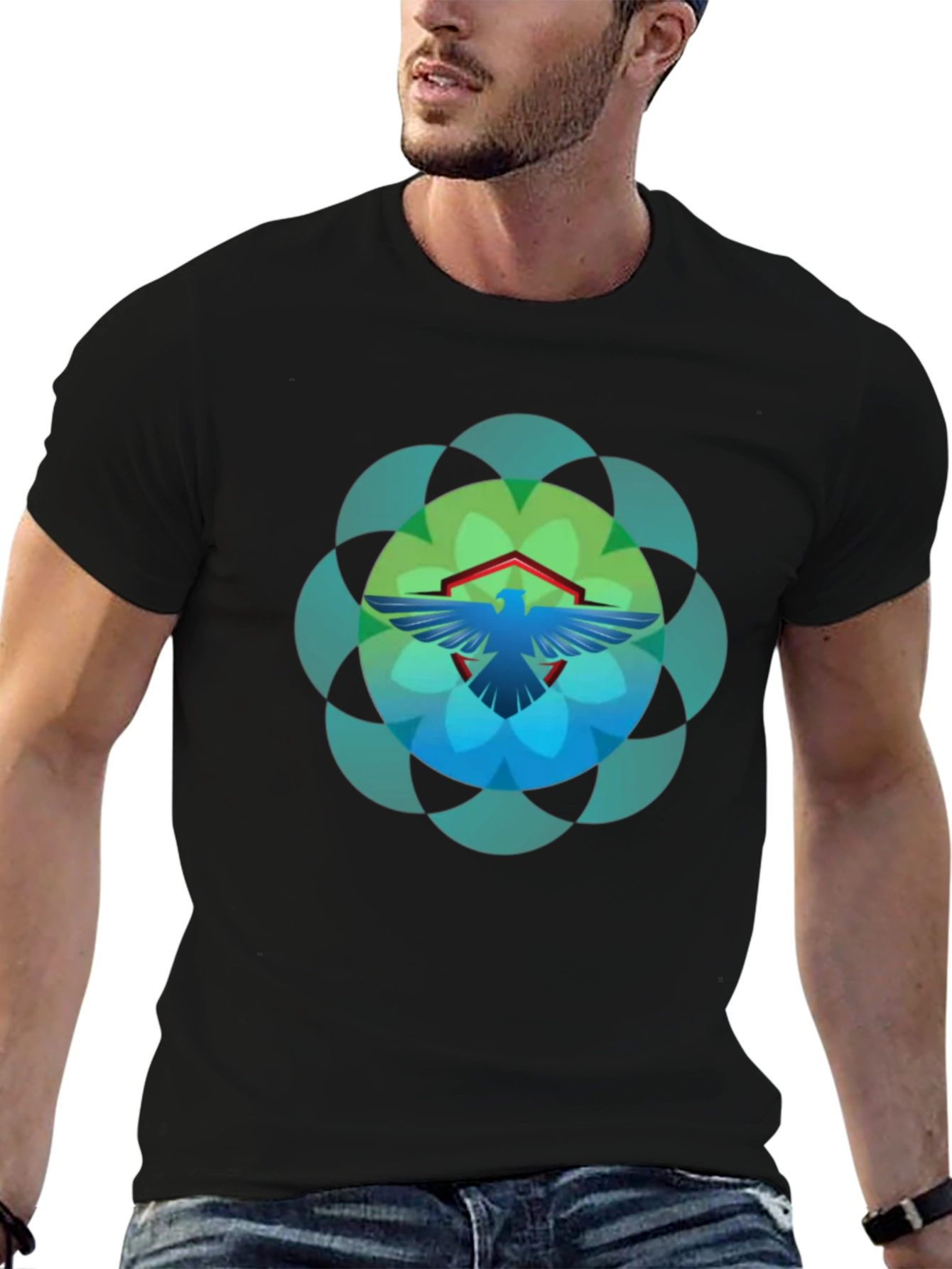 Geometric Bird Graphic T-Shirt - Black