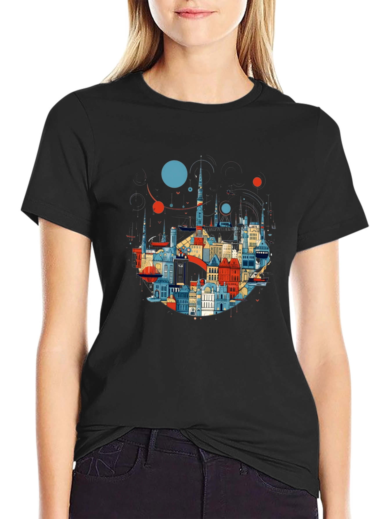 Cityscape Graphic Tee - Stylish Black Cotton T-Shirt