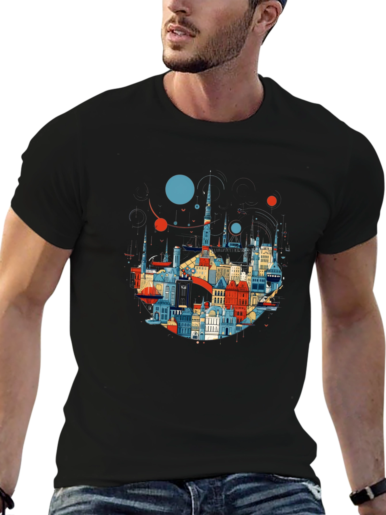Cityscape Graphic Tee - Stylish Black Cotton T-Shirt
