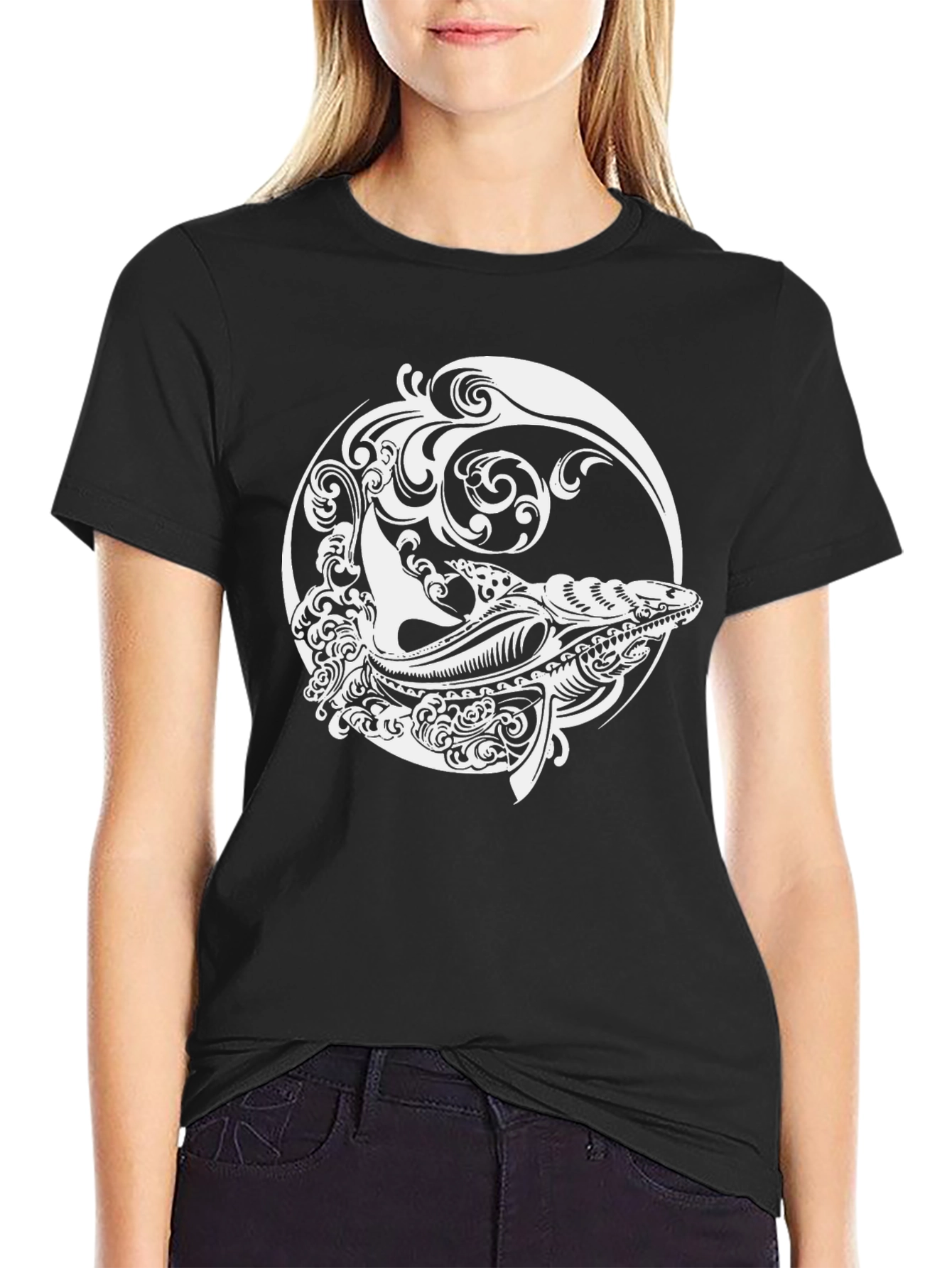 Whale Art Graphic Black T-Shirt