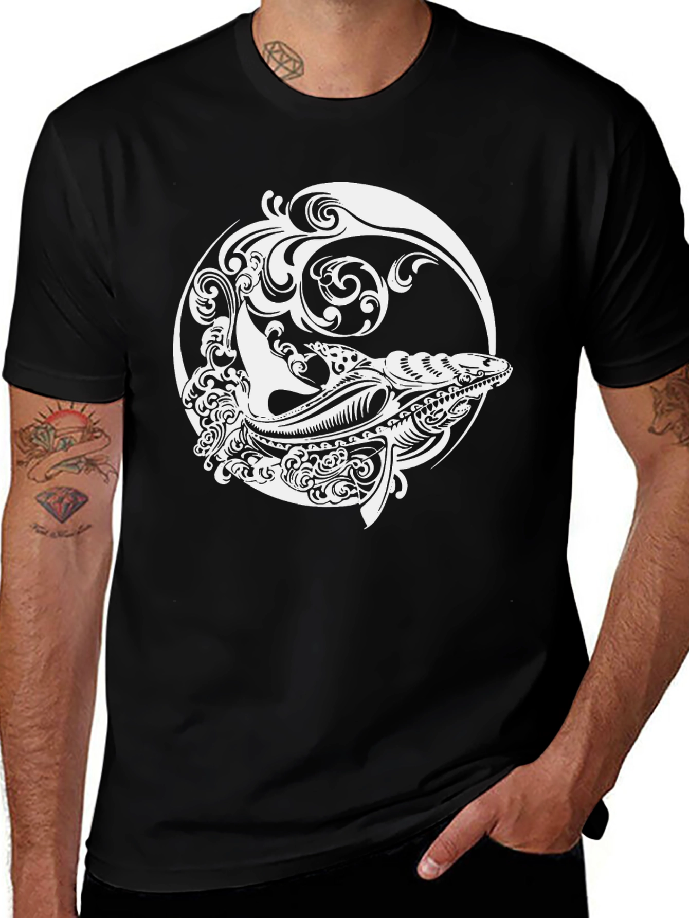 Whale Art Graphic Black T-Shirt