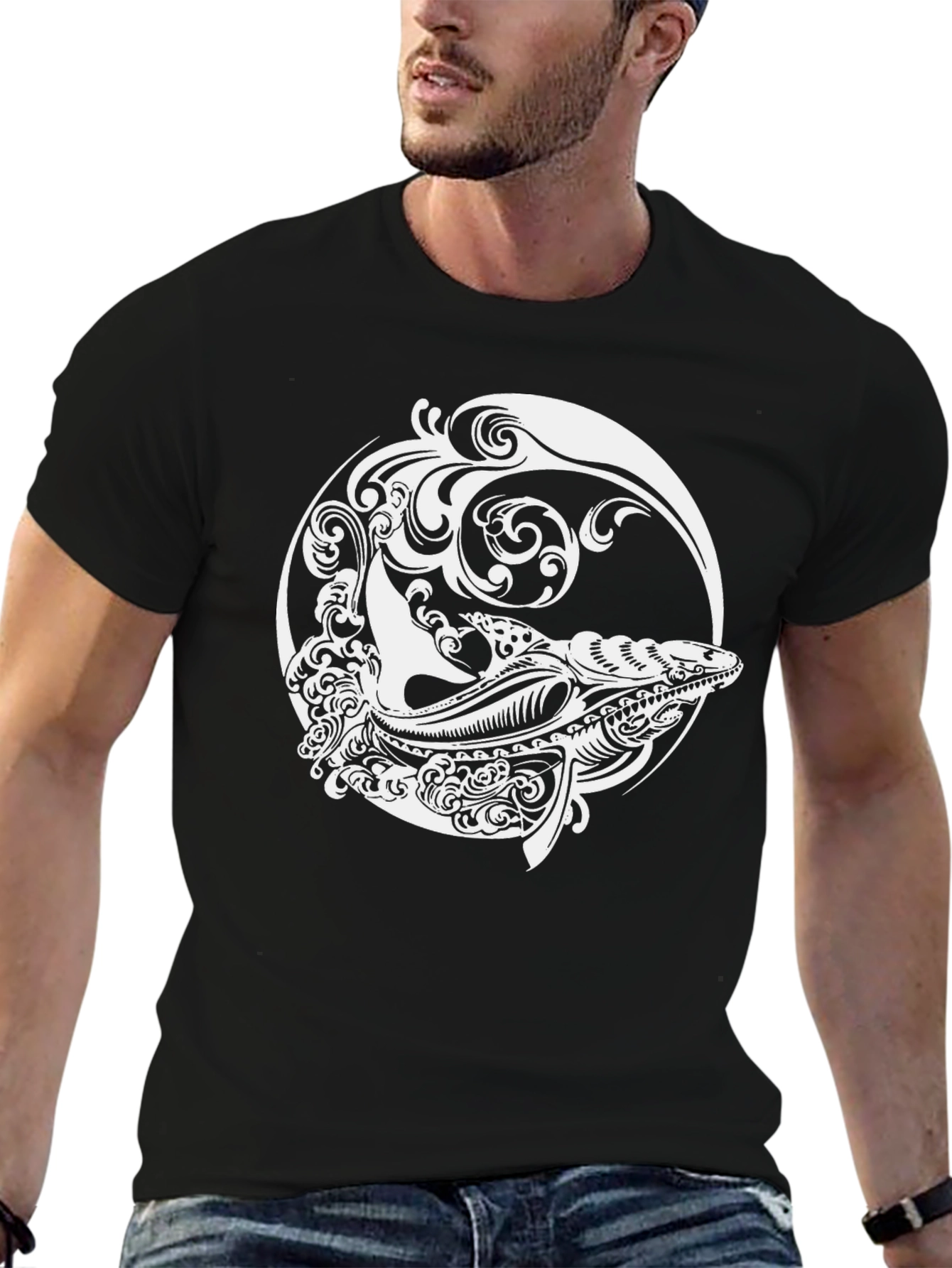 Whale Art Graphic Black T-Shirt