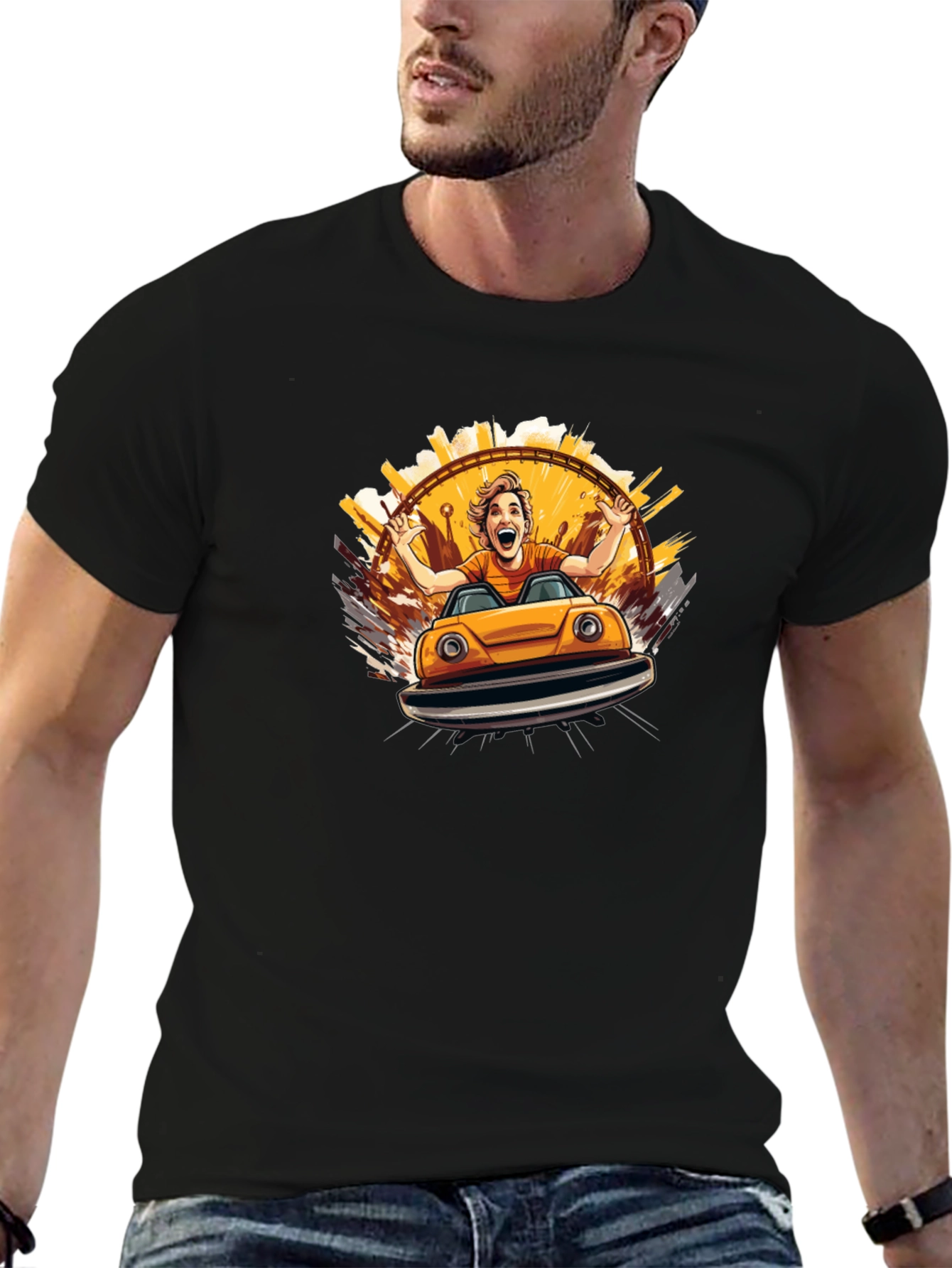 Bumper Car Fun Graphic Tee - Black Cotton T-Shirt