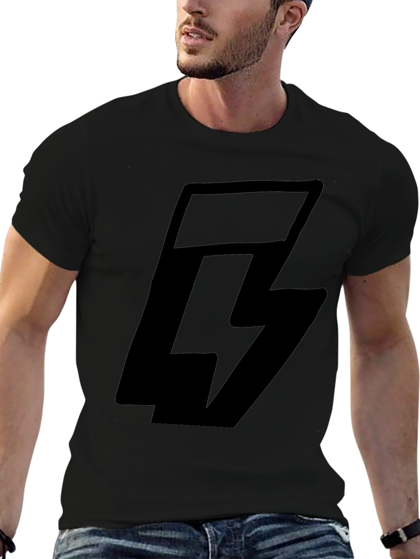 Black Graphic Tee with Lightning Bolt Logo
