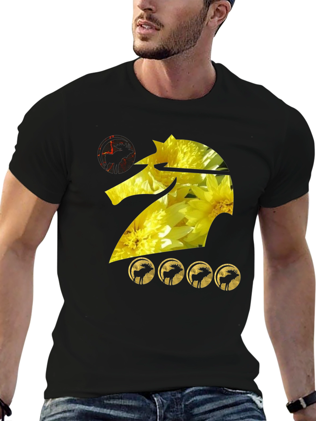 Graphic Tee: Floral Knight with Moose Silhouettes
