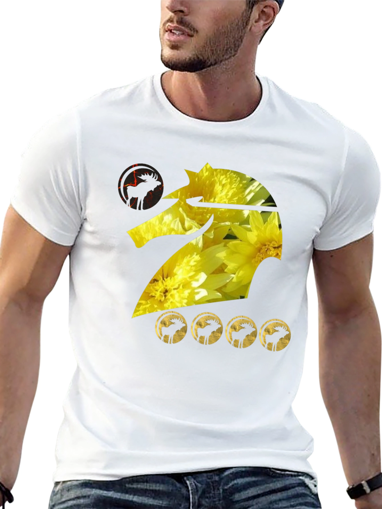 Graphic Tee: Floral Knight with Moose Silhouettes