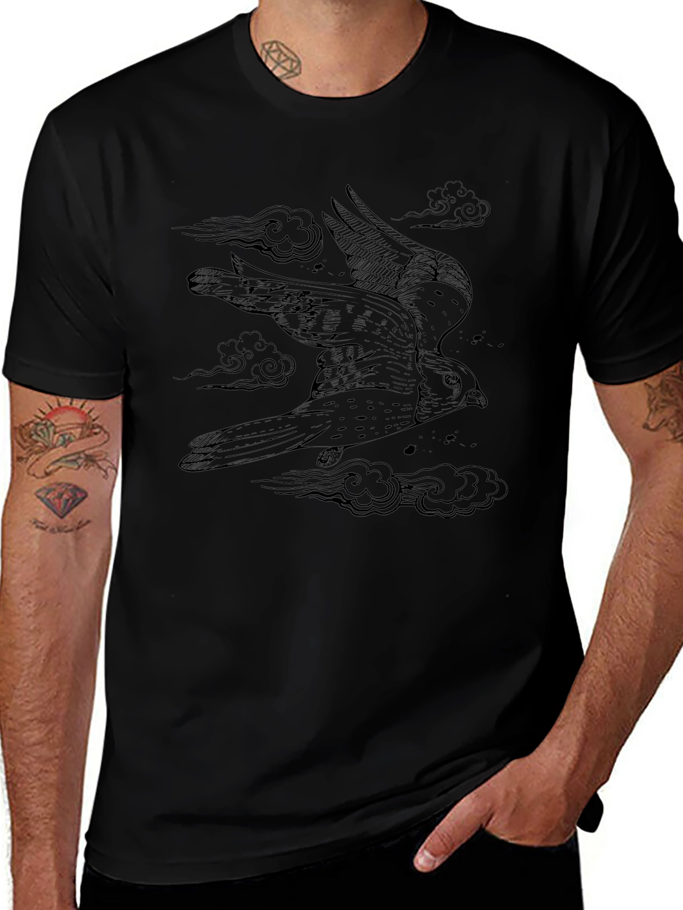 Mens Black Tee with Falcon Graphic Print